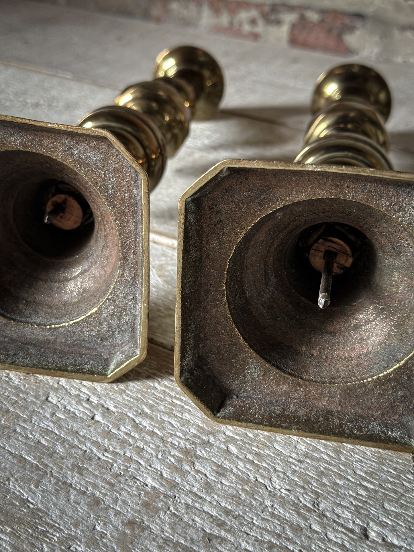 Pair of Antique Brass Push-Up Candlesticks | Victorian Edwardian Ejector Candlesticks | 30cm Tall