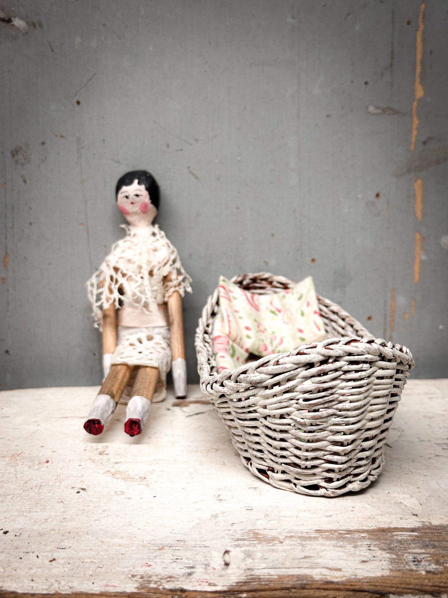 Antique Peg Doll / Grodnertal Doll with Wicker Crib