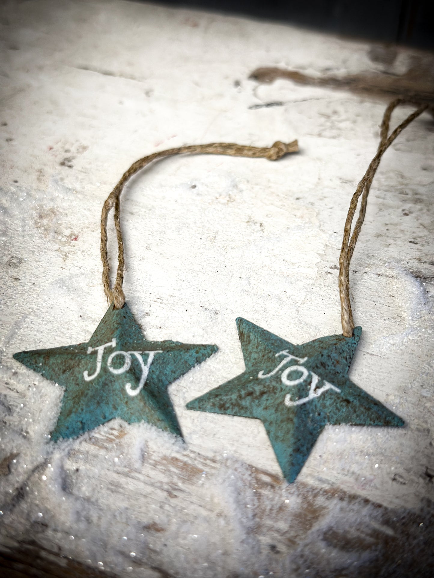 A Mini Turquoise Tin Barn Star Christmas Decoration “Joy”