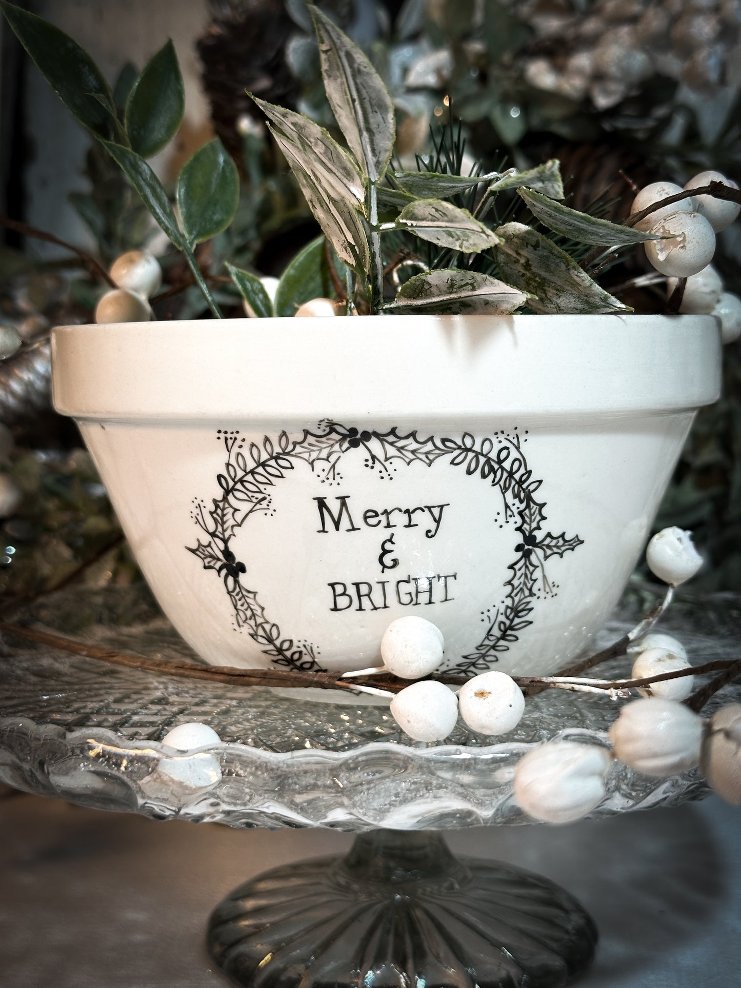 A beautiful vintage Illustrated Ironstone pudding bowl with a hand painted quote