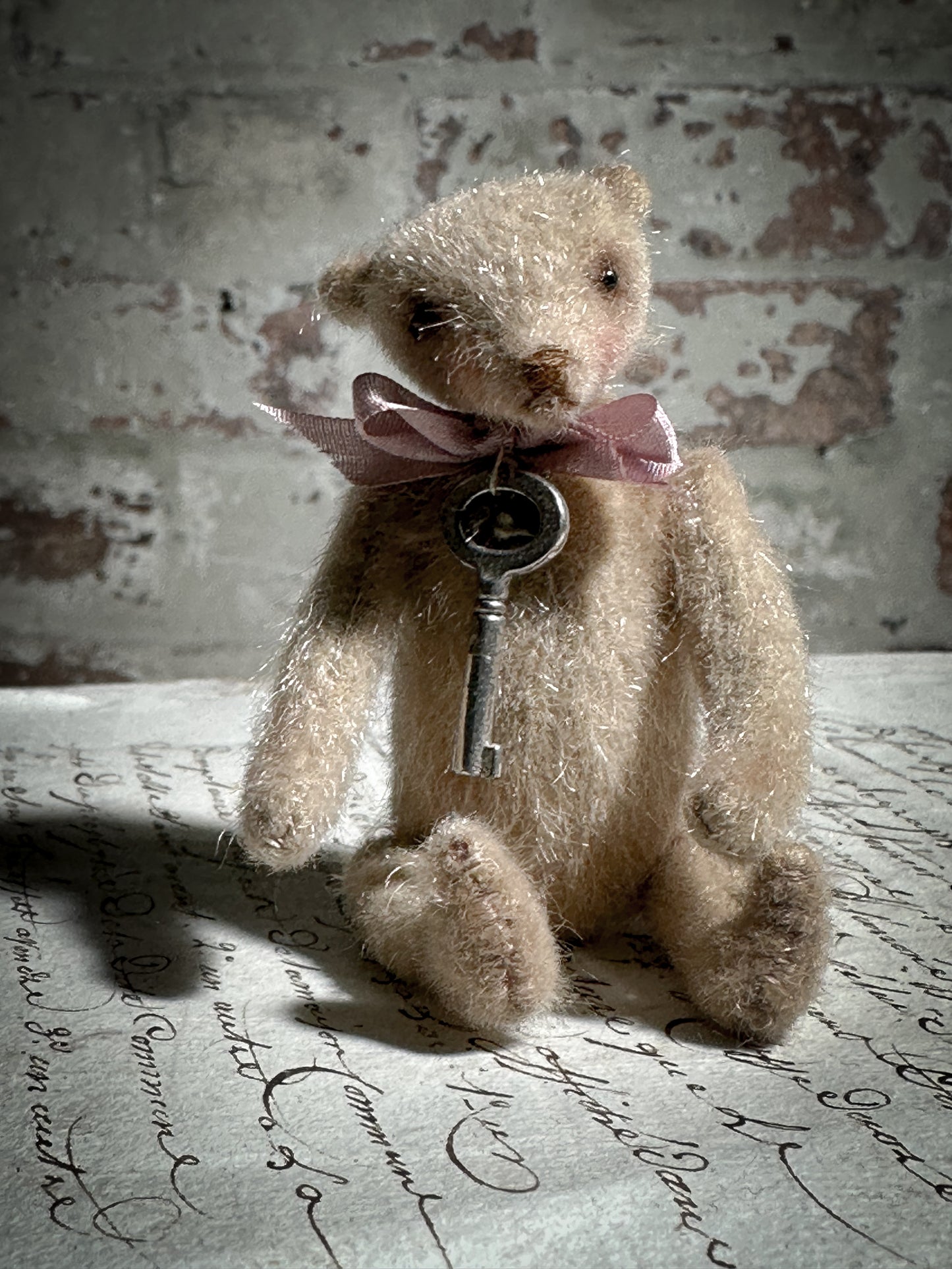 A beautiful hand made tiny jointed collector’s teddy bear with pale pink antique ribbon and bell and heart charm