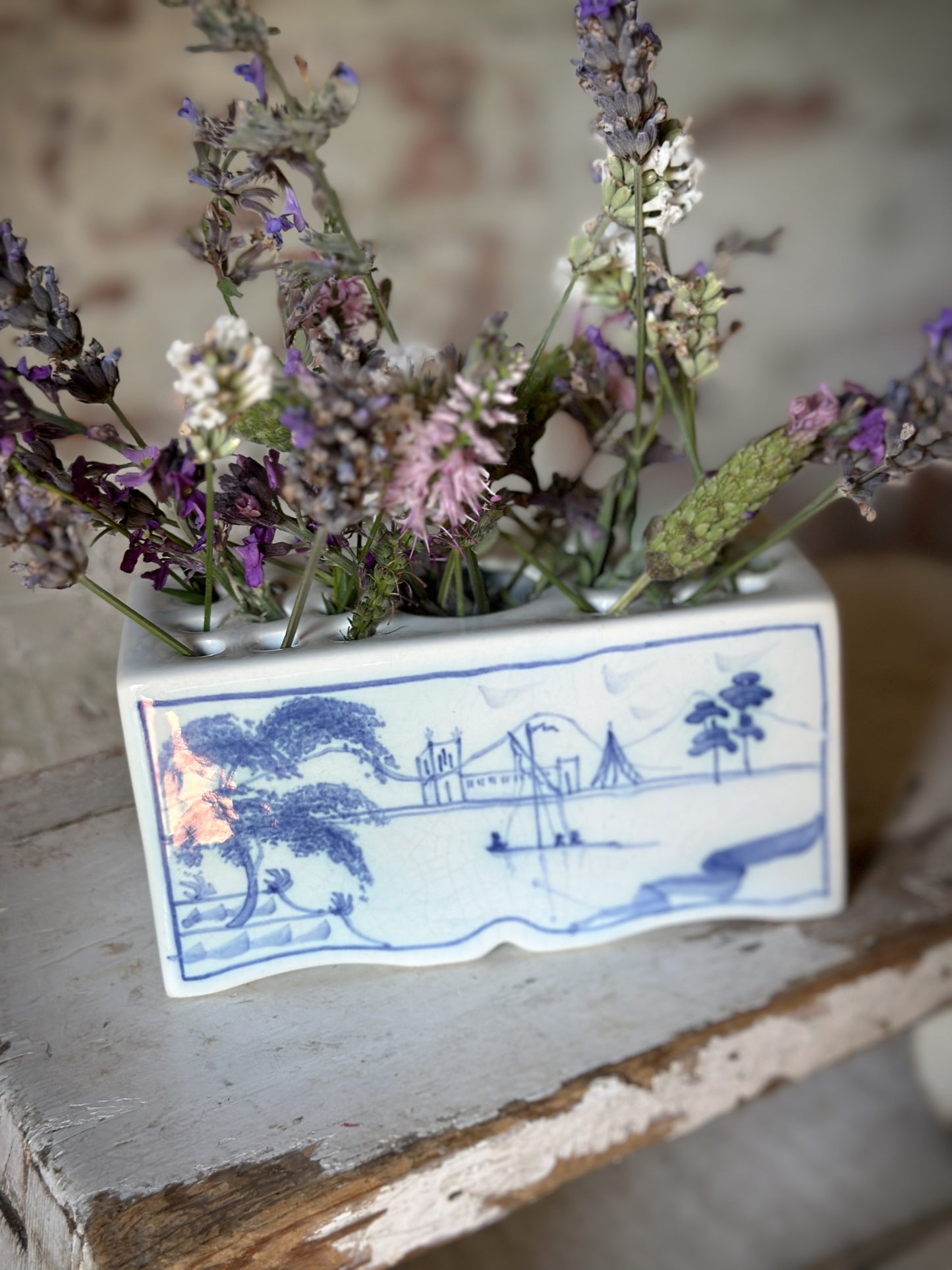 A beautiful Isis by Deborah seers Oxford, blue and white flower brick, tulipiere, flower frog, blue and white tin glaze vase