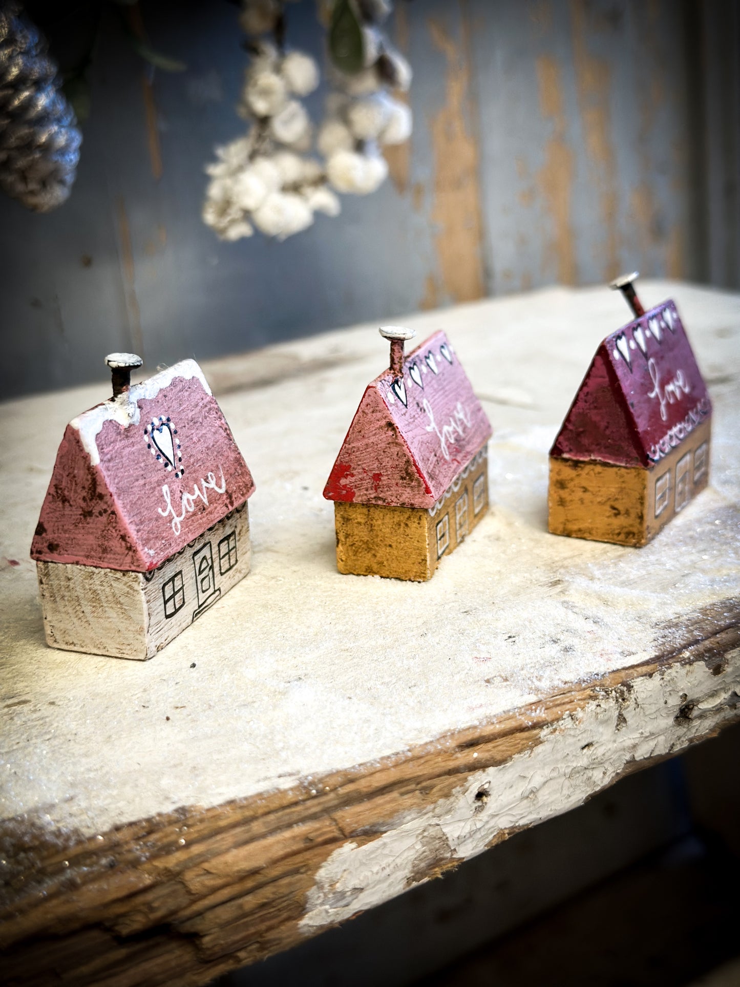 A Pretty Vintage German Erzgebirge Putz Wooden Village House “Love”