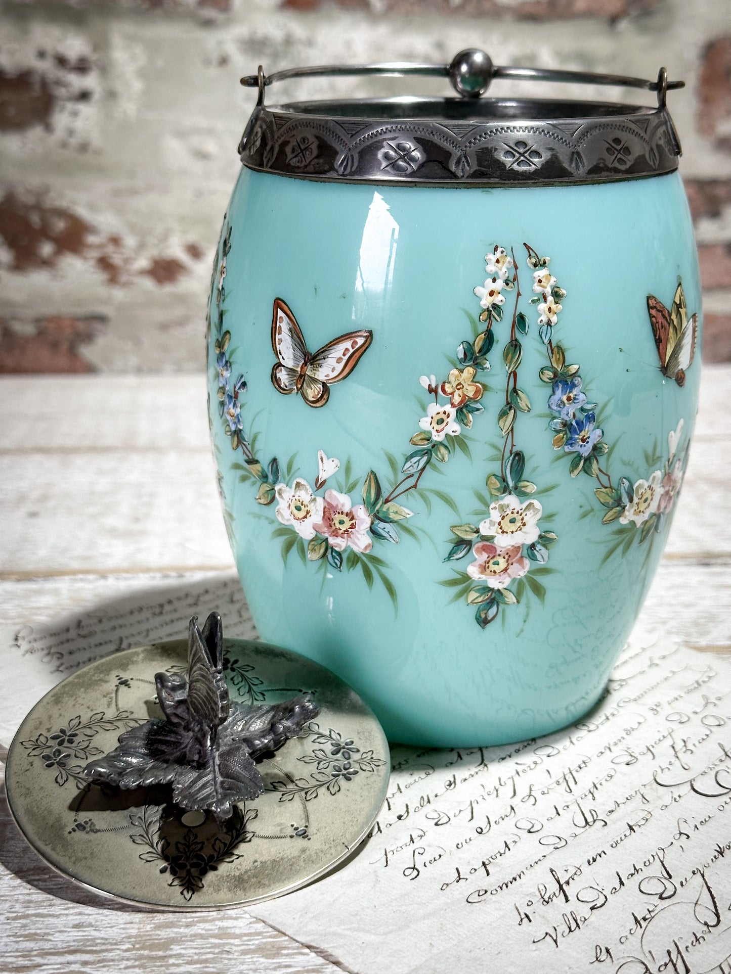 Antique lady’s Enamelled Milk Glass Boudoir Biscuit Barrel