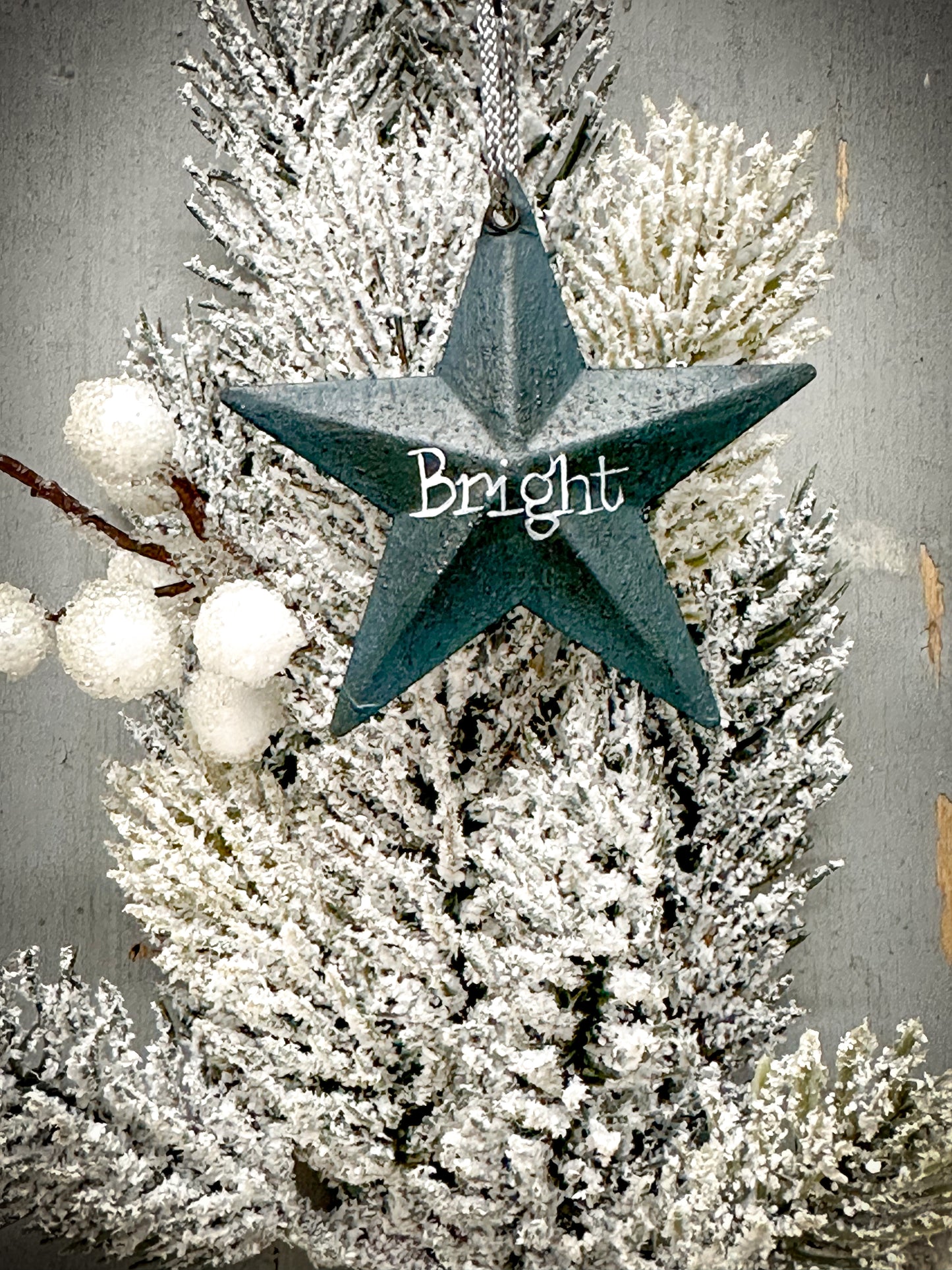 A medium Teal Tin Barn Star Christmas Decoration “Bright”