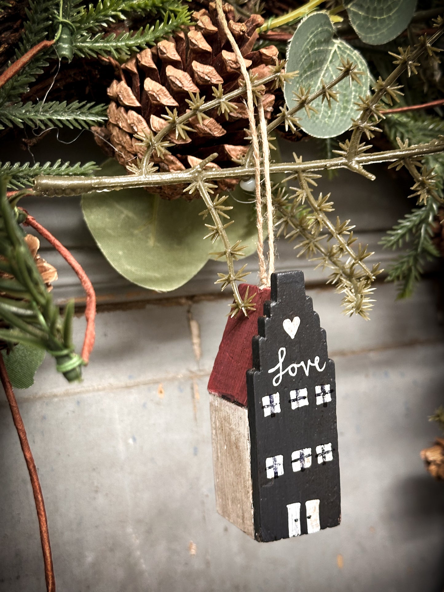 A Hanging Vintage German Erzgebirge Putz Wooden Village House