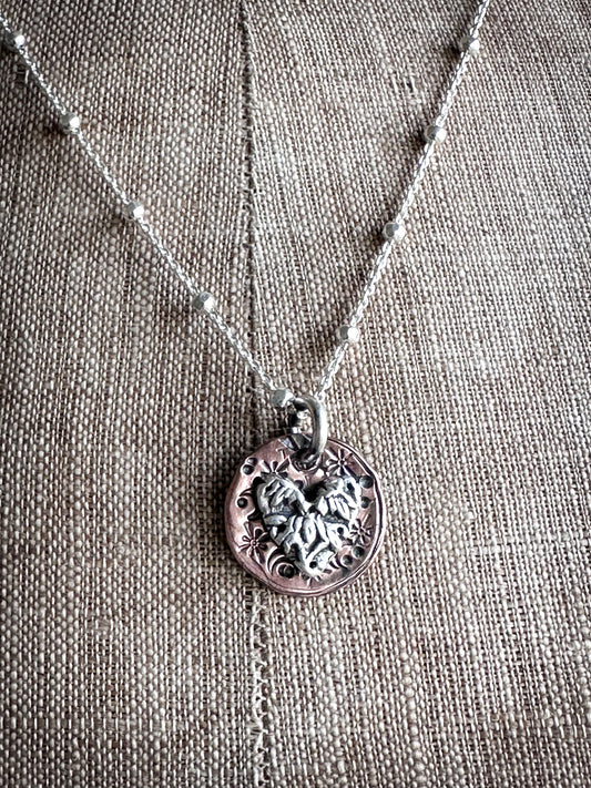 Moon Garden Heart Necklace – Fine Silver Wedgwood Sprig on Star-Stamped Copper
