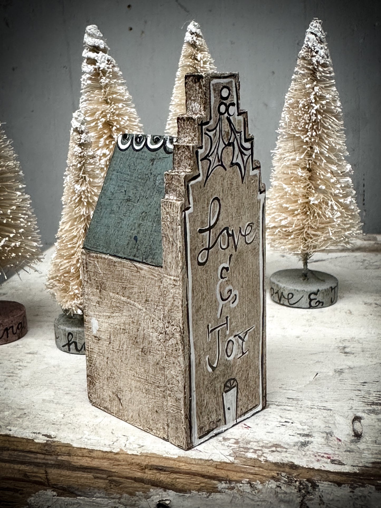 A Large Vintage German Erzgebirge Putz Wooden Village House “Love & Joy”