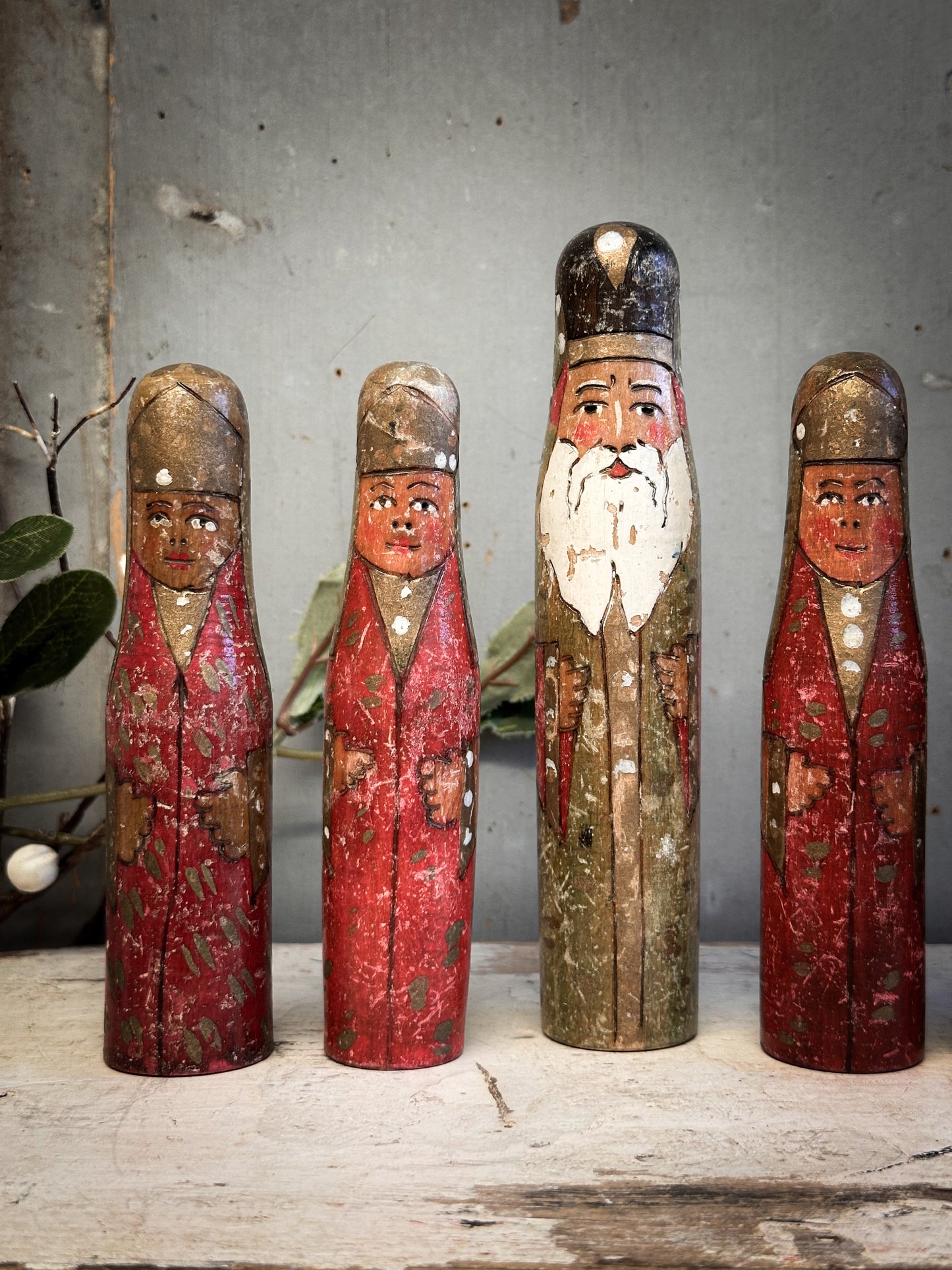 Exquisite Antique Hand-Carved Santa Figures – Set of Six (c. 1920–1930, Ex-Bletchley Museum Collection)