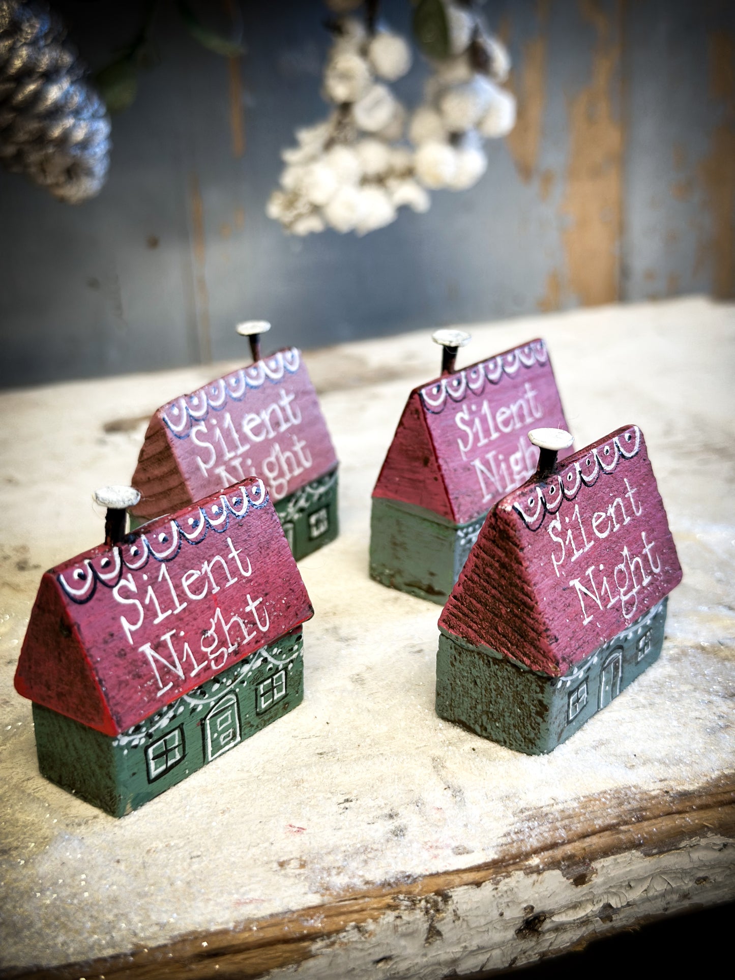 A Pretty Vintage German Erzgebirge Putz Wooden Village House “Silent Night”