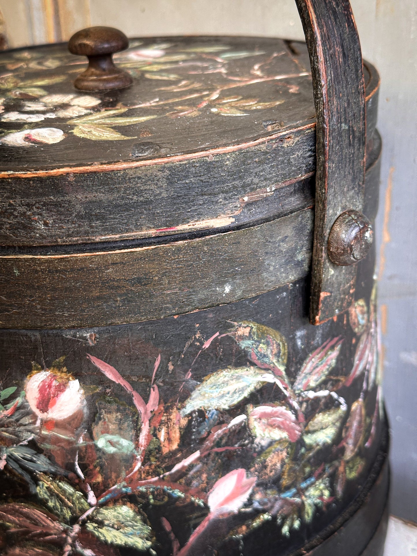 Antique Hand Painted Wooden Firkin Bucket (Scandi Folk Style)