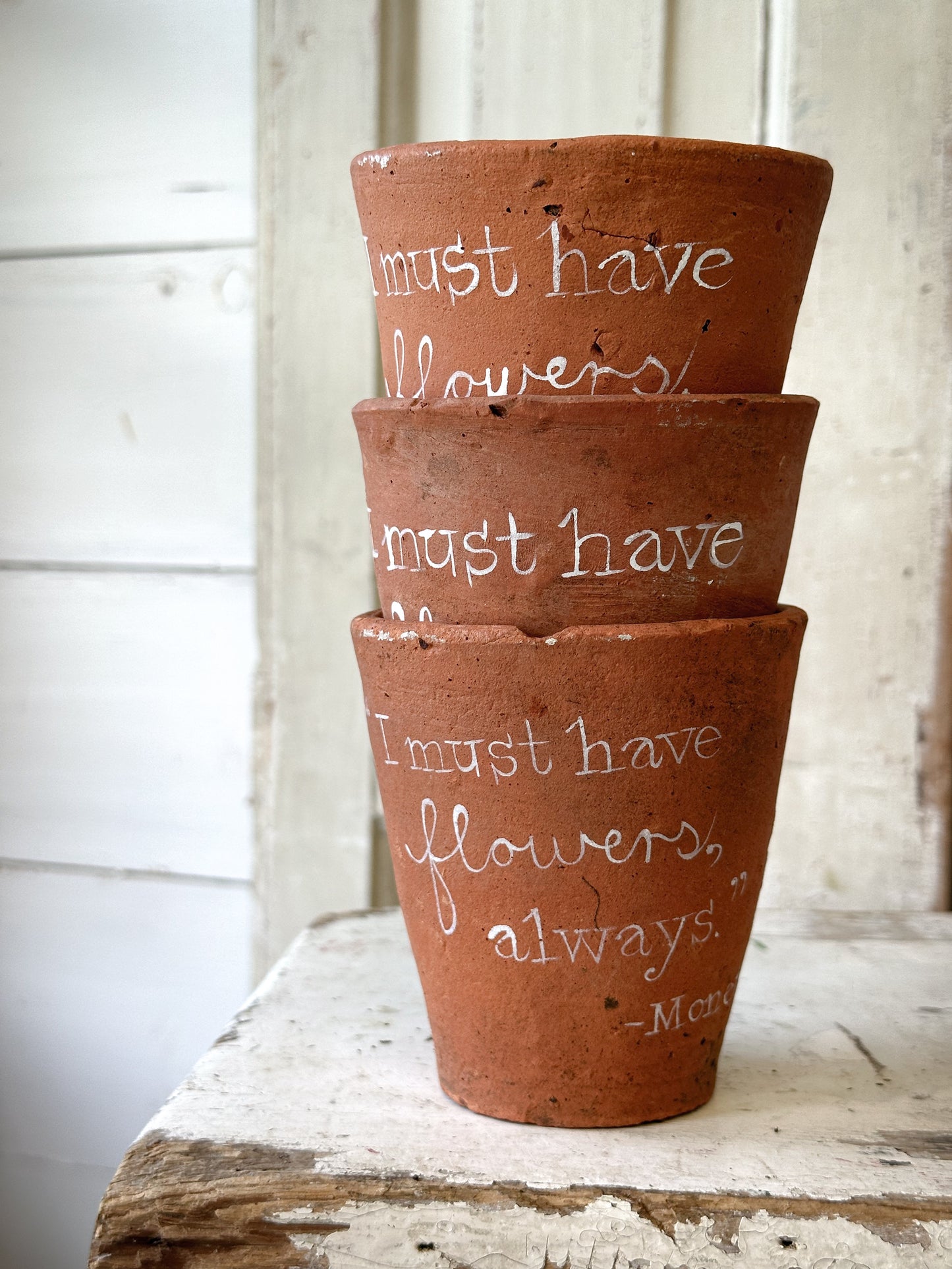 A Victorian terracotta pot with a quote “I must have flowers”