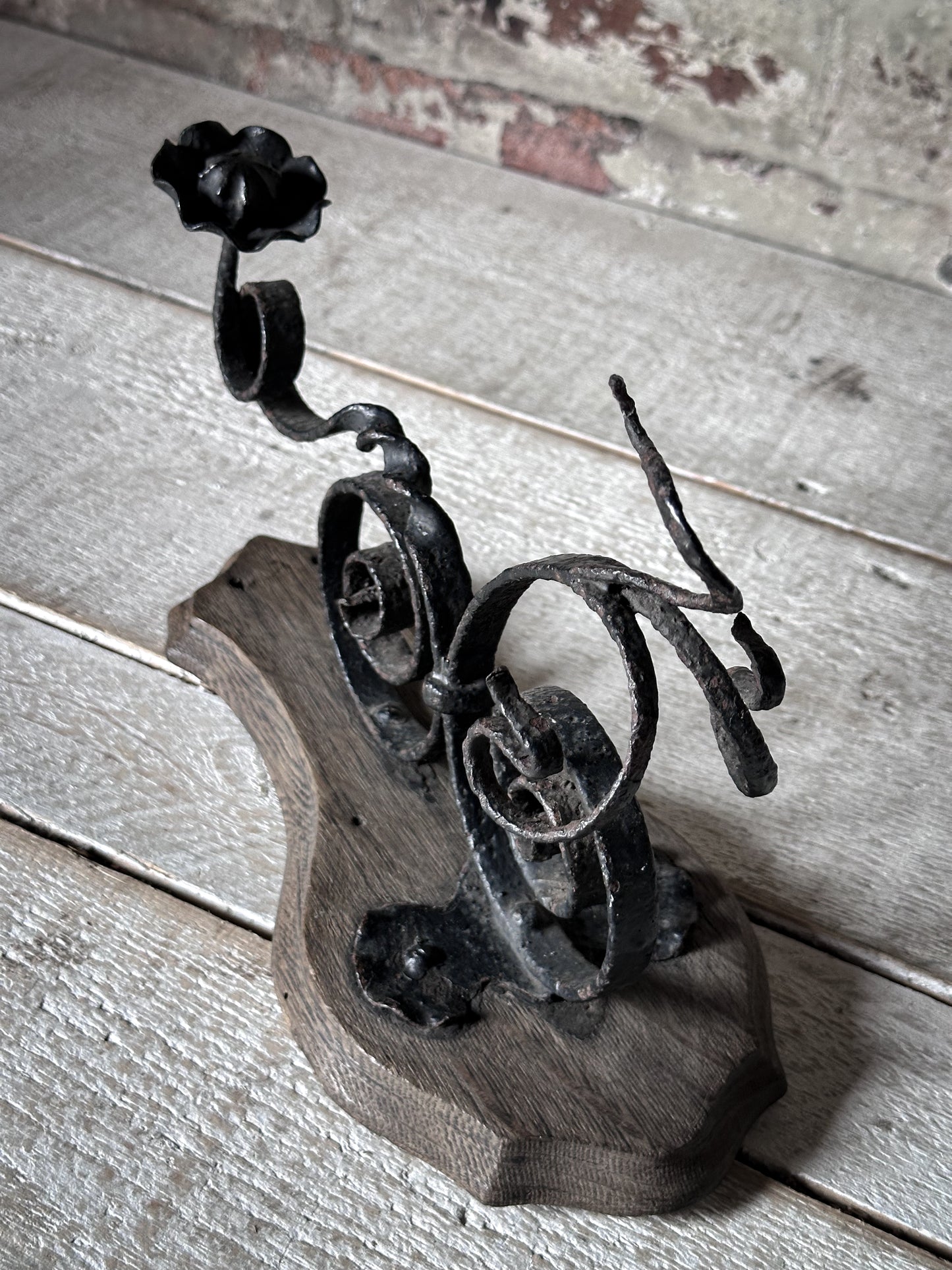 Antique Hand-Forged Wrought Iron Wall Bracket | Folk Art Scrollwork Hook on Wooden Backplate