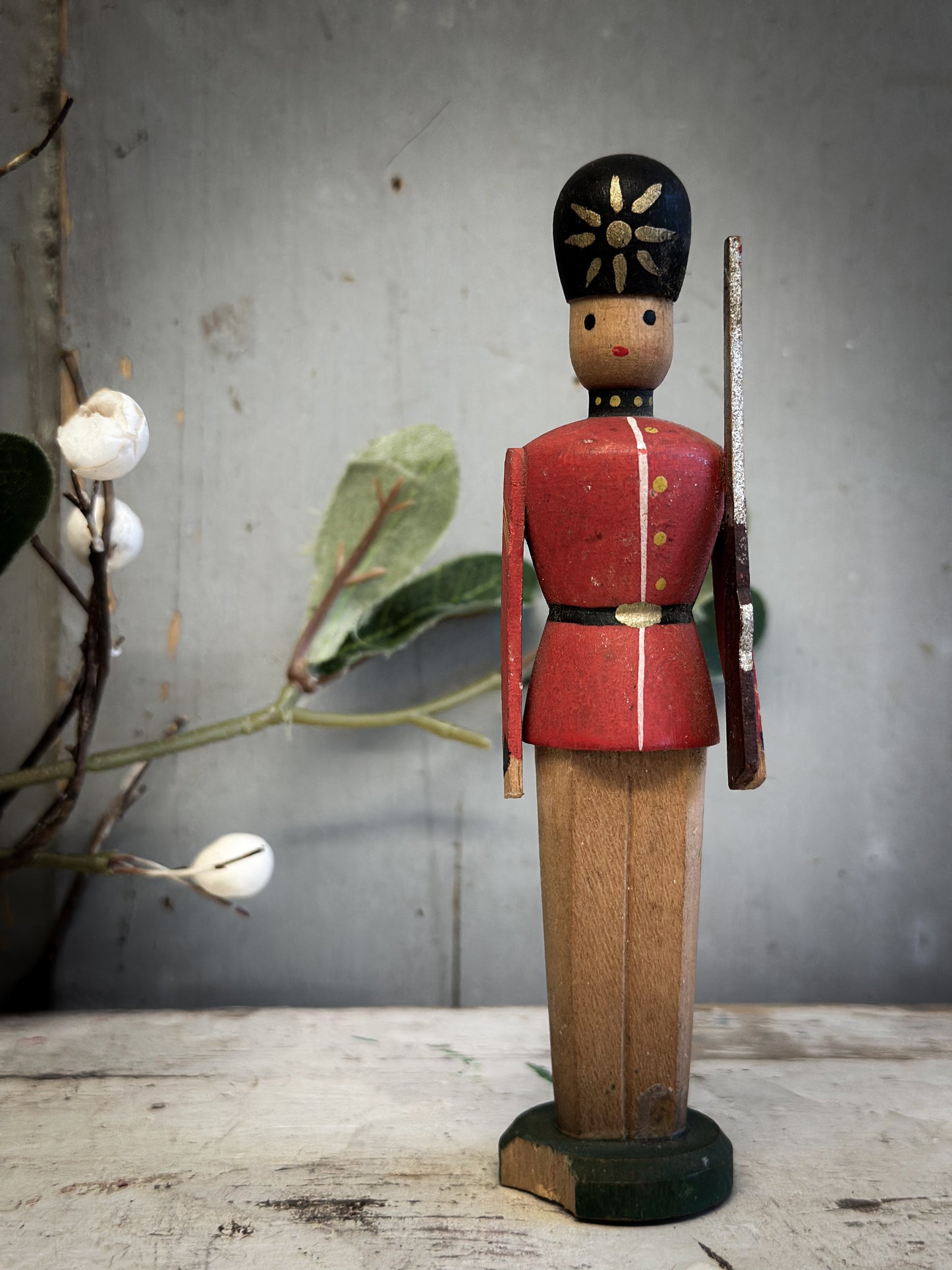 Mid-Century Hand-Painted Wooden British Guardsman (c. 1950s–1960s)