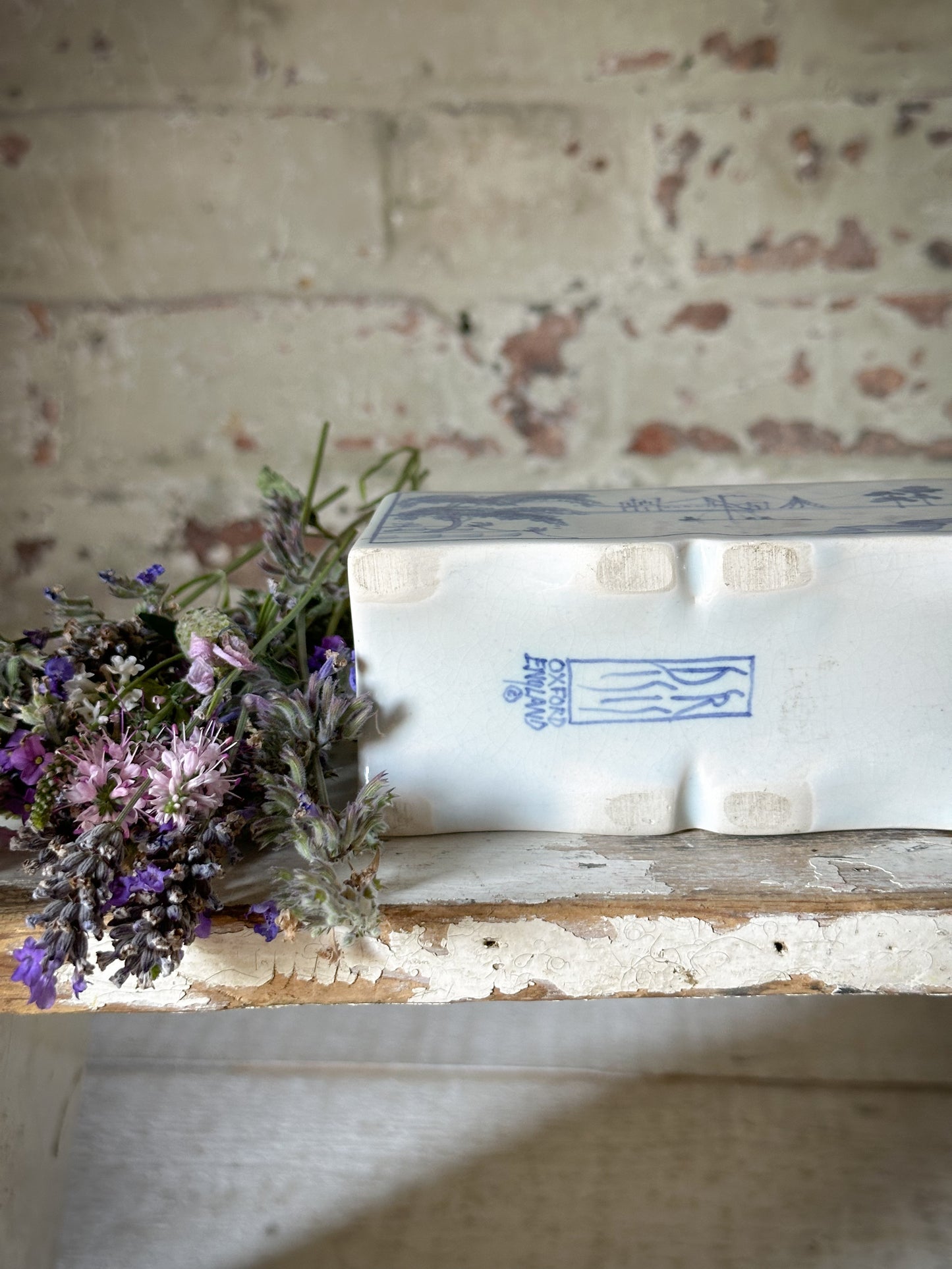 A beautiful Isis by Deborah seers Oxford, blue and white flower brick, tulipiere, flower frog, blue and white tin glaze vase