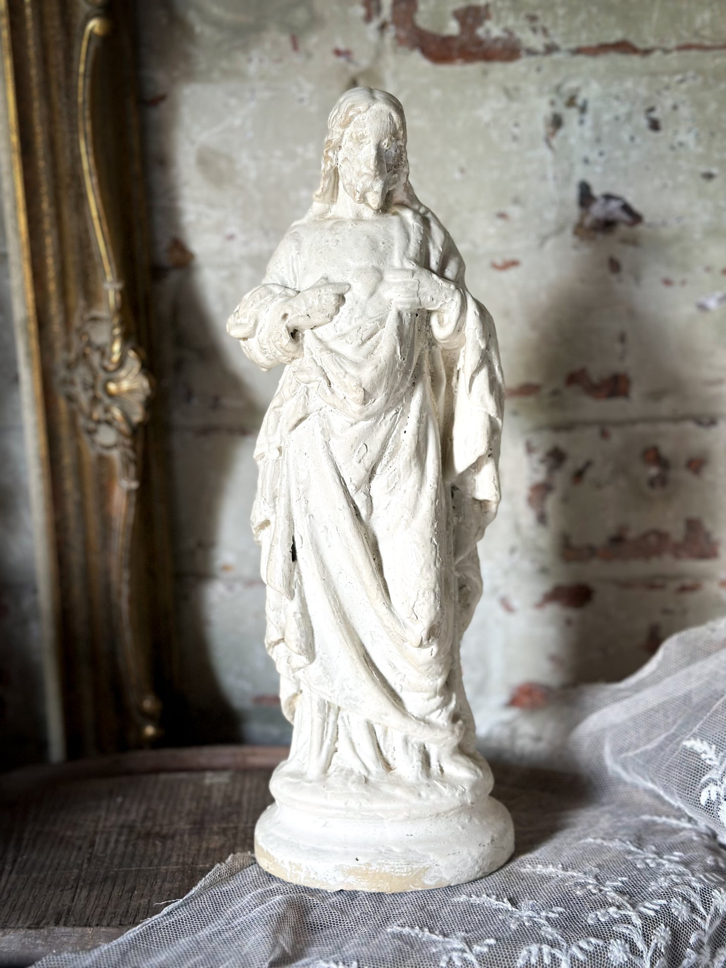 Antique painted chalk ware French Religious statue of Christ Jesus