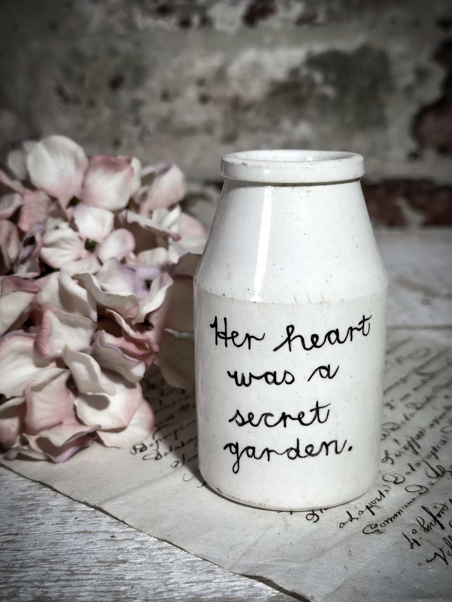 An Antique Creamery Vase Bottle with a Hand Painted Inspirational Quote