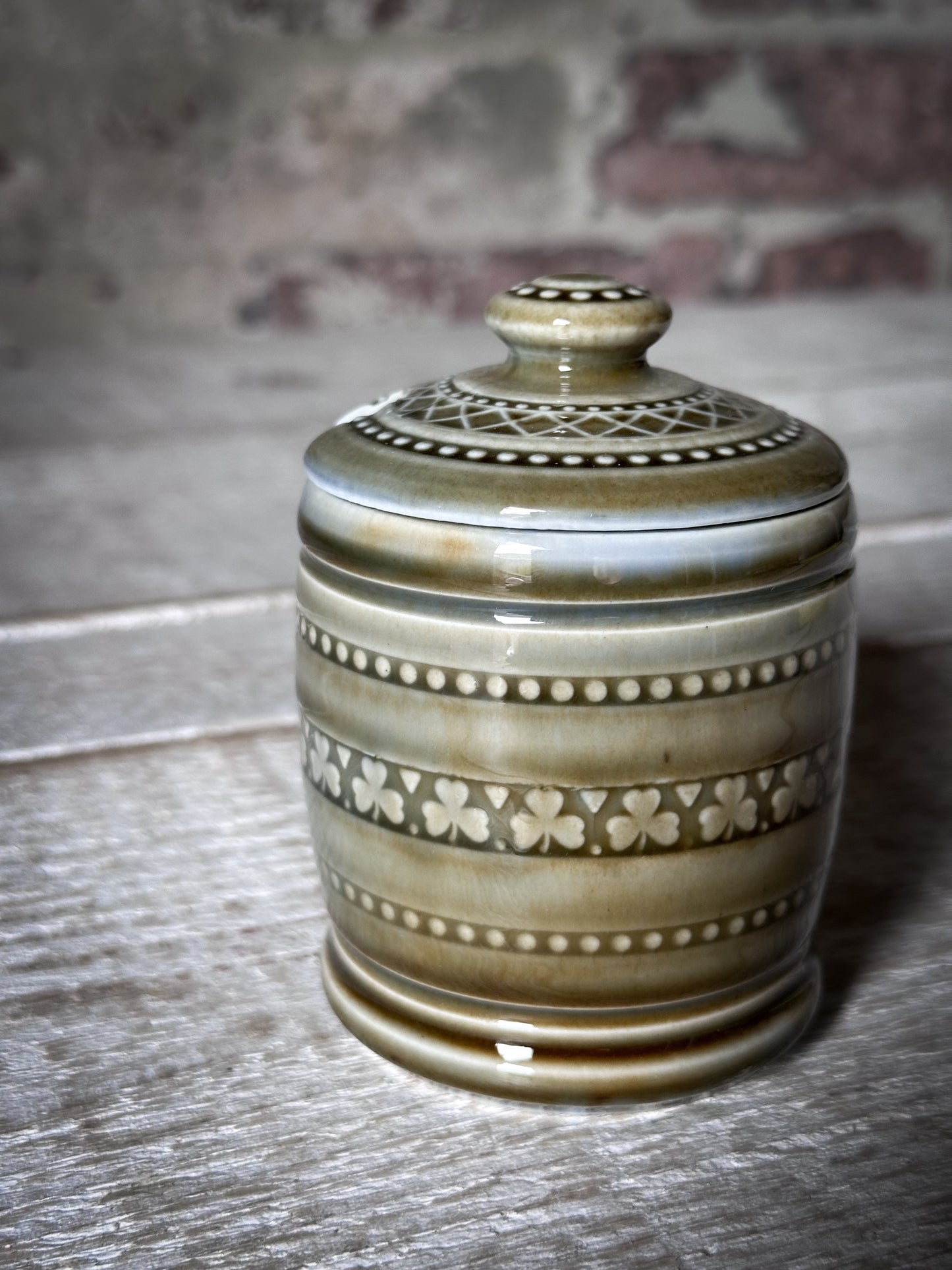 Vintage Irish Porcelain Honey Pot with Lid | Shamrock Stoneware Preserve Jar | Made in Ireland
