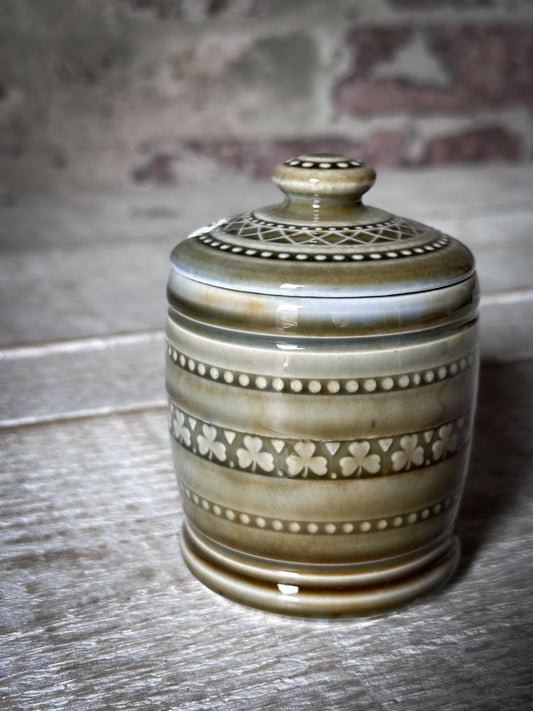 Vintage Irish Porcelain Honey Pot with Lid | Shamrock Stoneware Preserve Jar | Made in Ireland