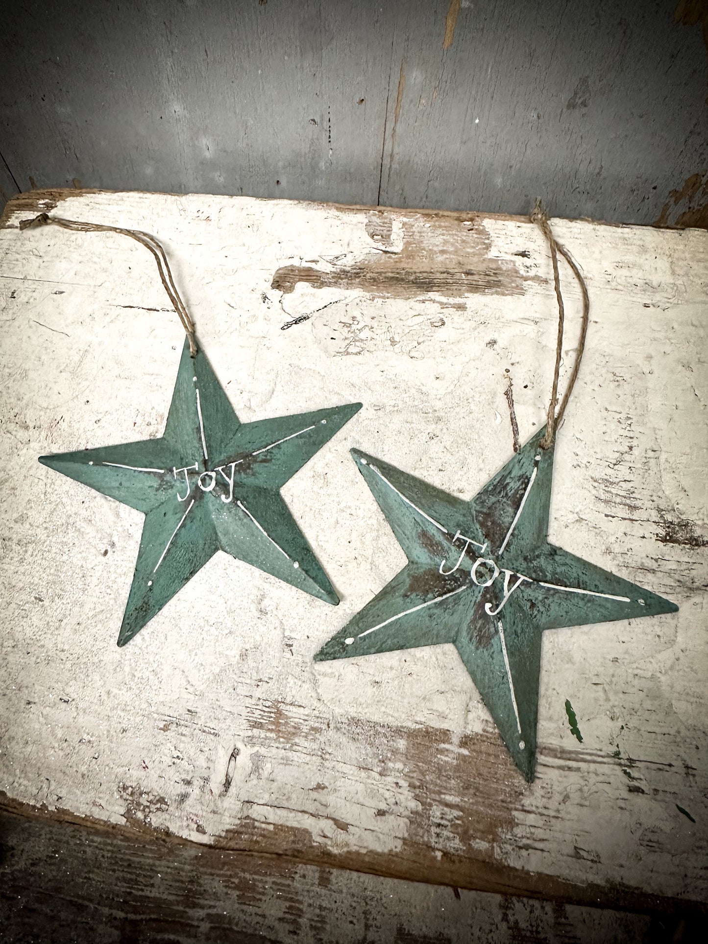 A Large Turquoise Tin Barn Star Christmas Decoration “Joy”