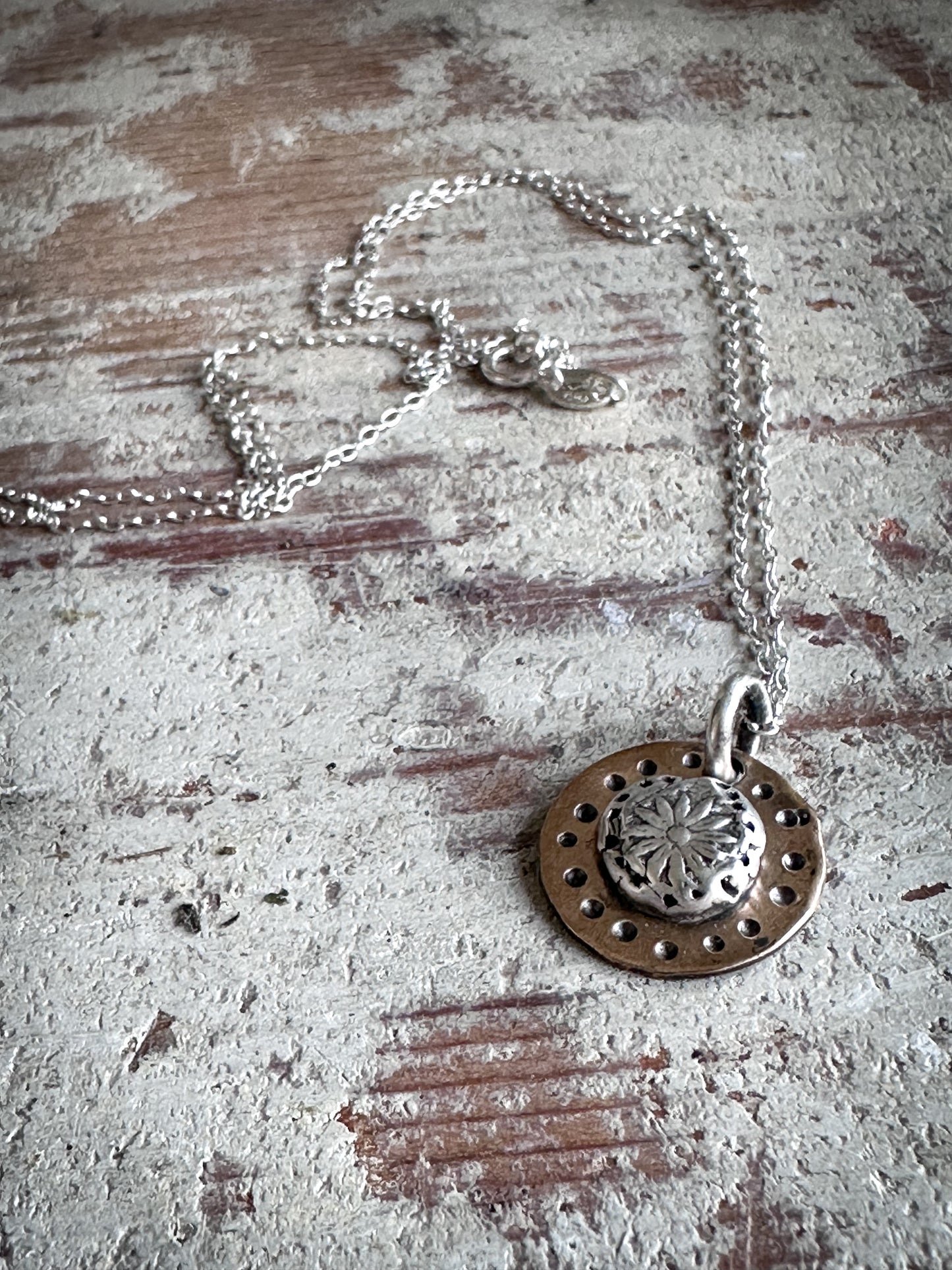 Moon Garden Medallion – Fine Silver Botanical Sprig on Hand-Stamped Copper