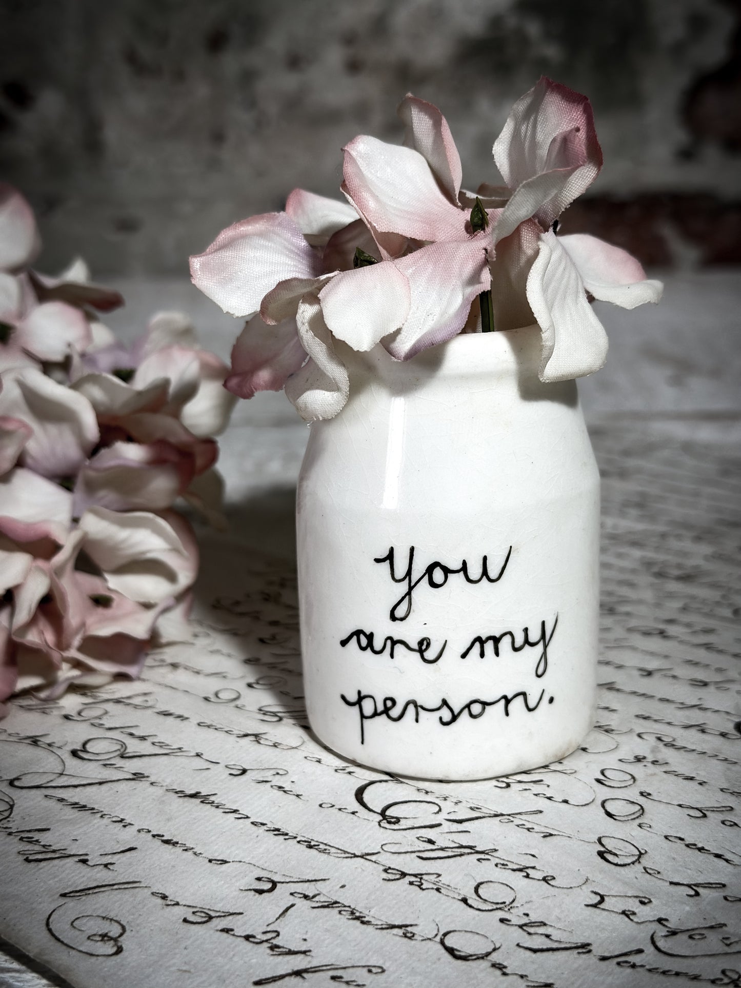 An Antique Creamery Vase Bottle with a Hand Painted Inspirational Quote