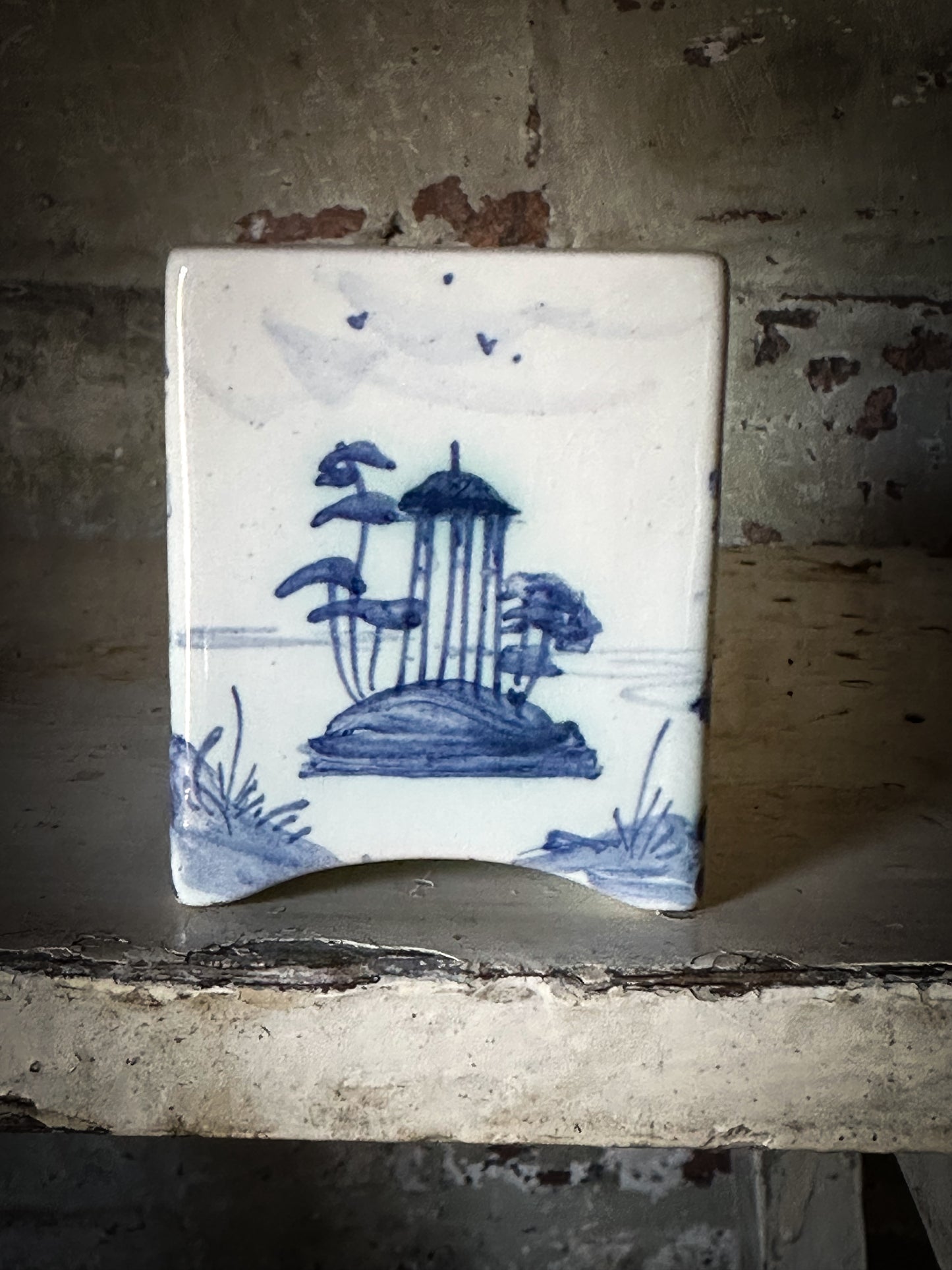 A beautiful Isis by Deborah seers Oxford, blue and white flower brick, tulipiere, flower frog, blue and white tin glaze vase