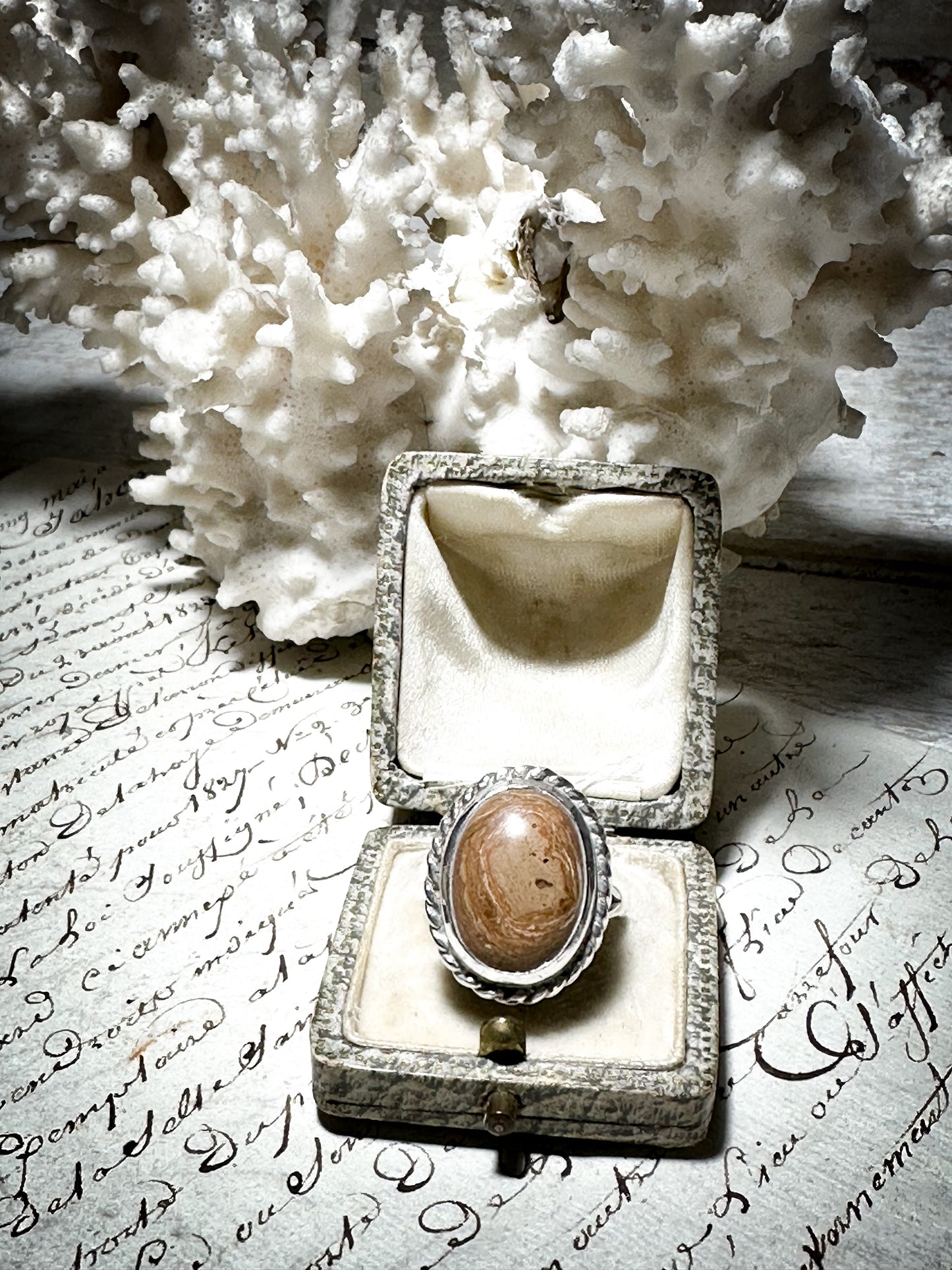 Vintage Hallmarked Silver Oval Moss Agate Ring