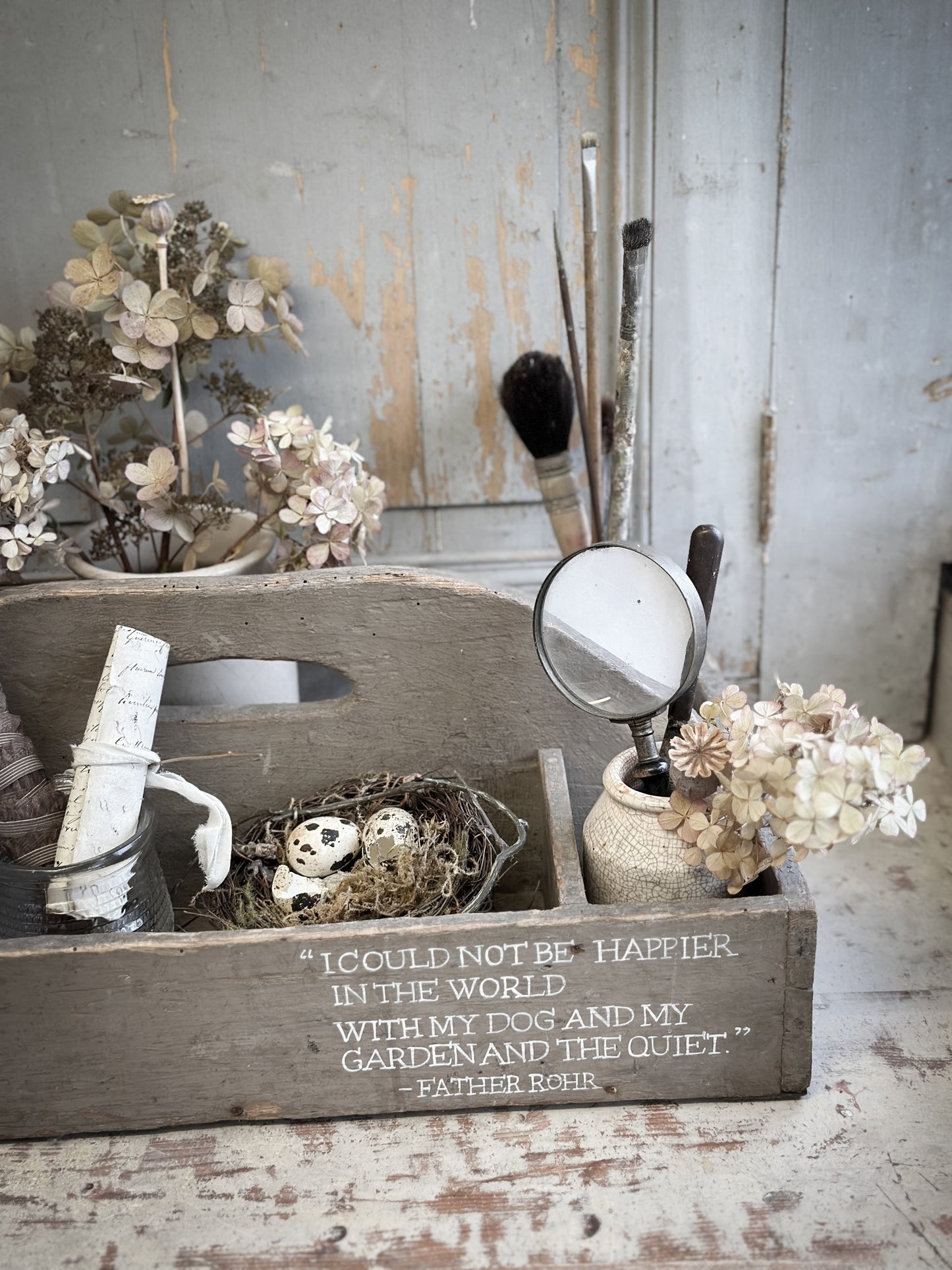 A Large Vintage French Chippy Paint Wooden Trug With Garden Quote