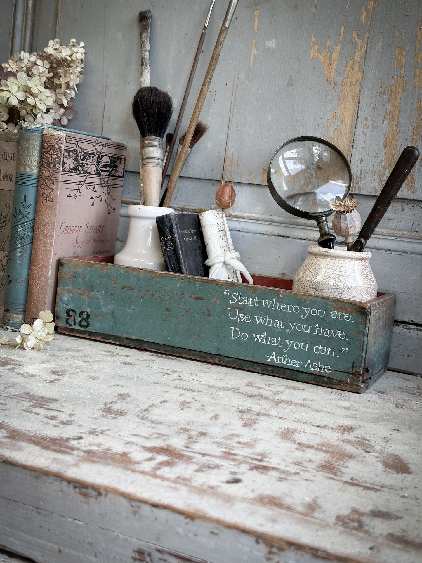A Vintage French Chippy Paint Wooden Crate With A Hand Painted Quote