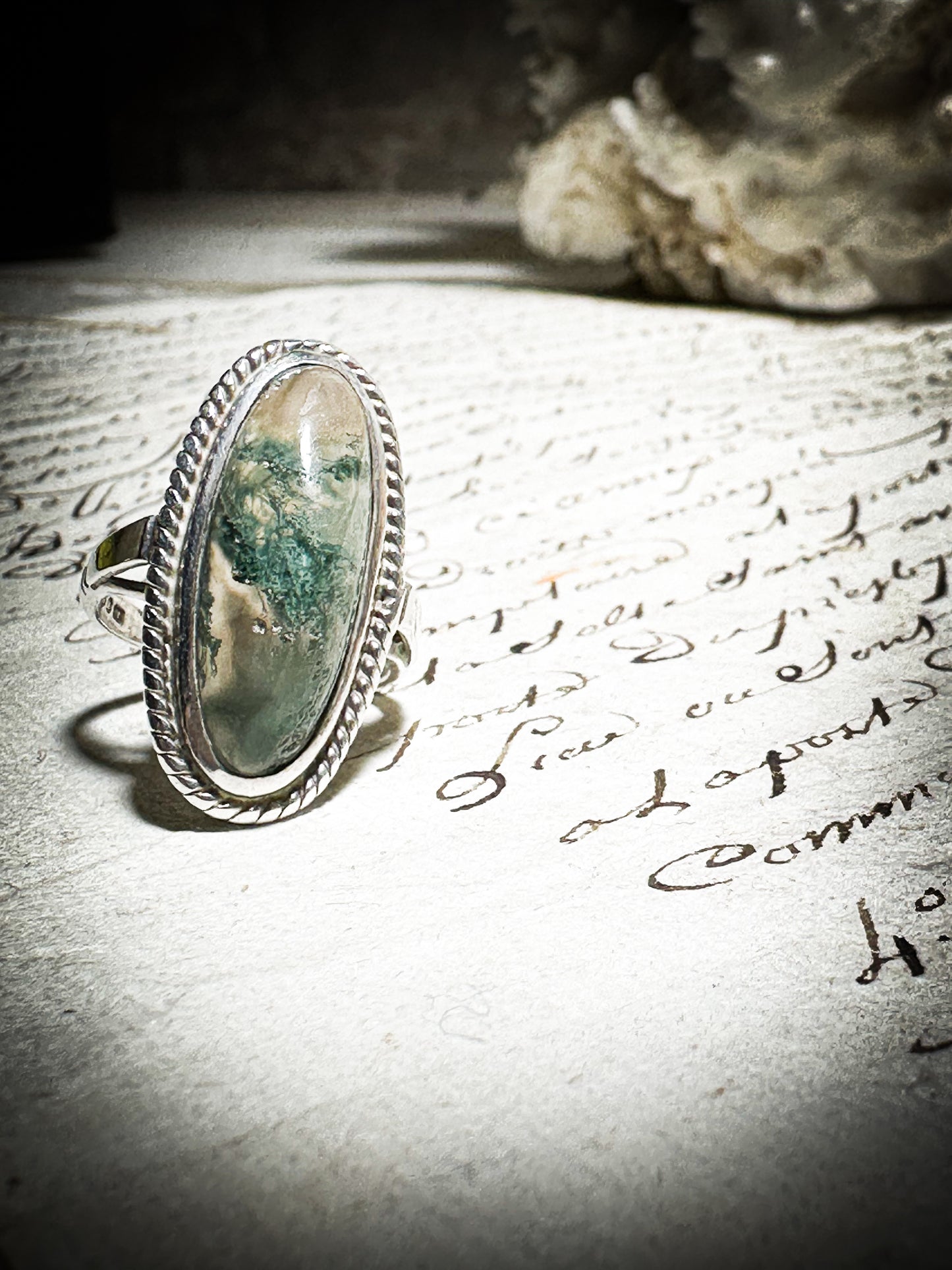 Vintage Hallmarked Silver Oval Moss Agate Ring