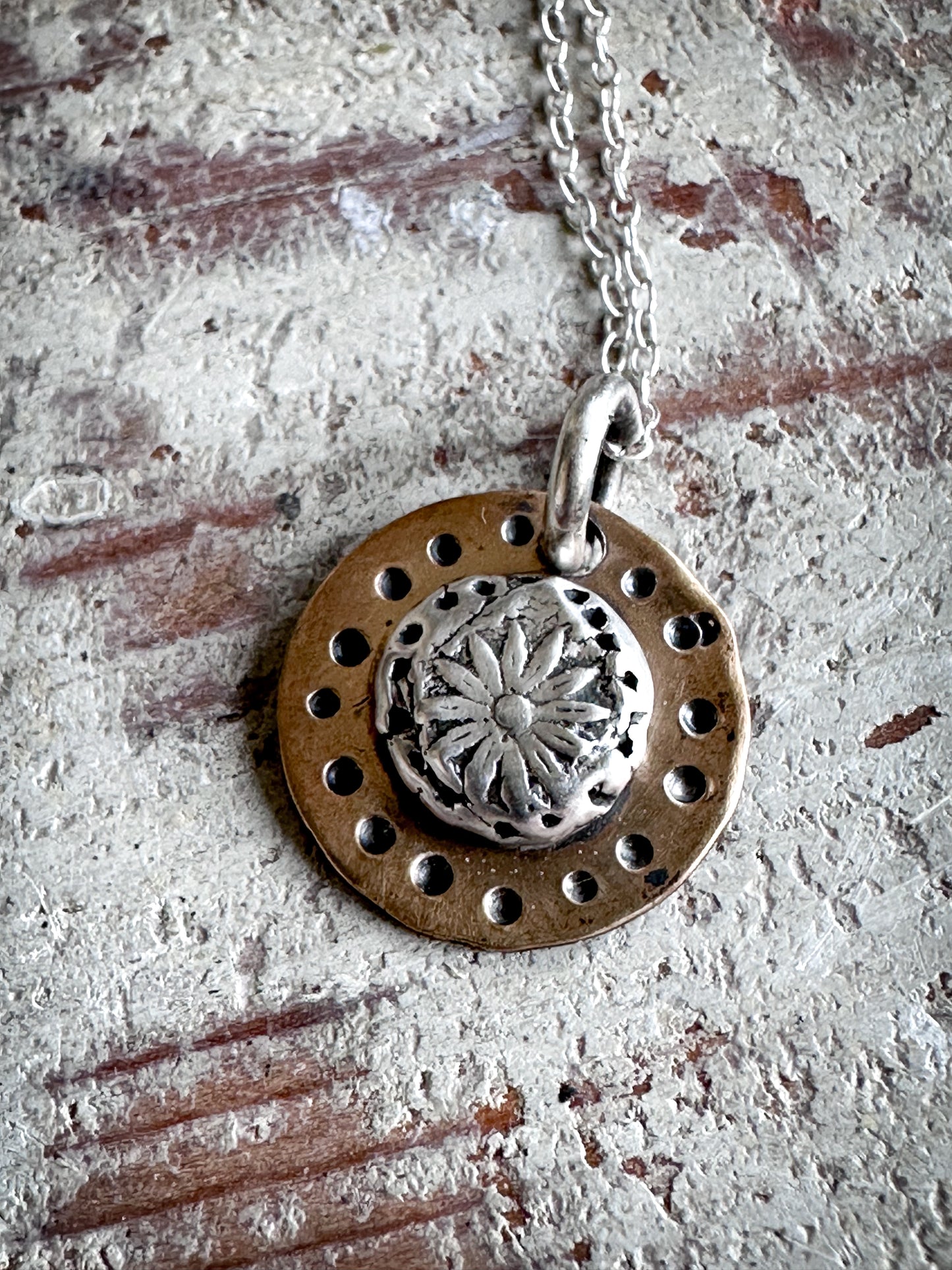 Moon Garden Medallion – Fine Silver Botanical Sprig on Hand-Stamped Copper