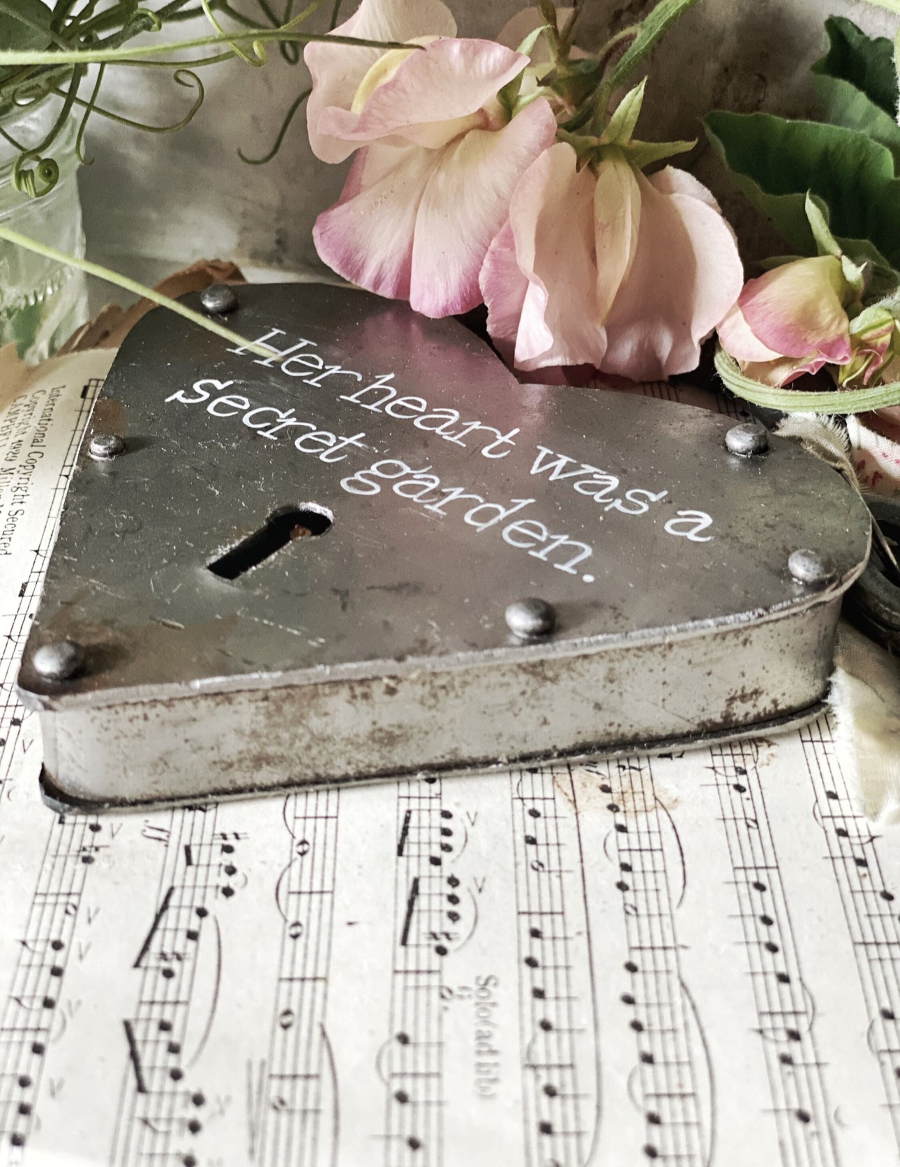 A beautiful hand painted rustic heart iron padlock with keys  "Her heart was a secret garden." A unique Valentine’s Day gift