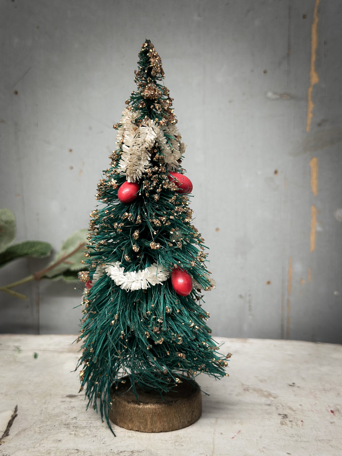 A Pair of Mid-Century Japanese Bottle-Brush Christmas Trees with Baubles – c.1950s–60s
