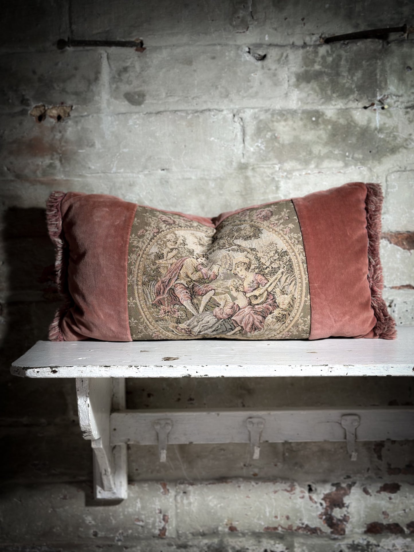 A Vintage Velvet Tapestry Fragonard Mini Bolster Cushion