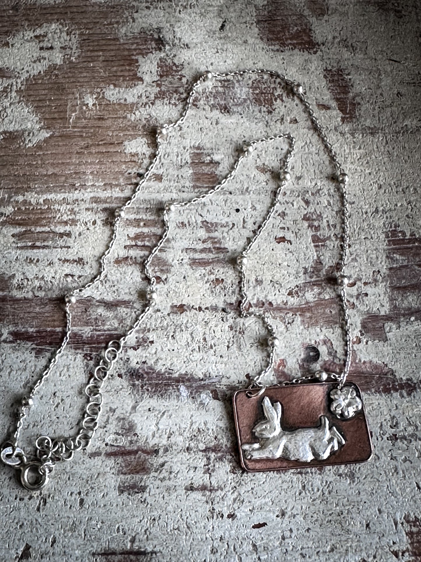 Meadow Rabbit Pendant – Silver & Etched Copper Necklace