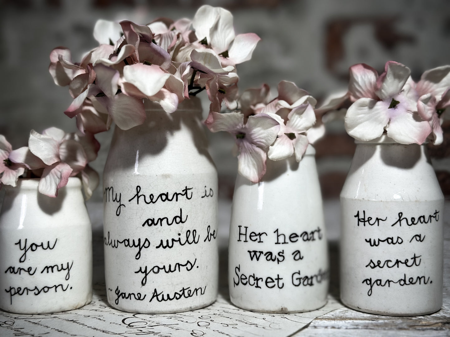 An Antique Creamery Vase Bottle with a Hand Painted Inspirational Quote