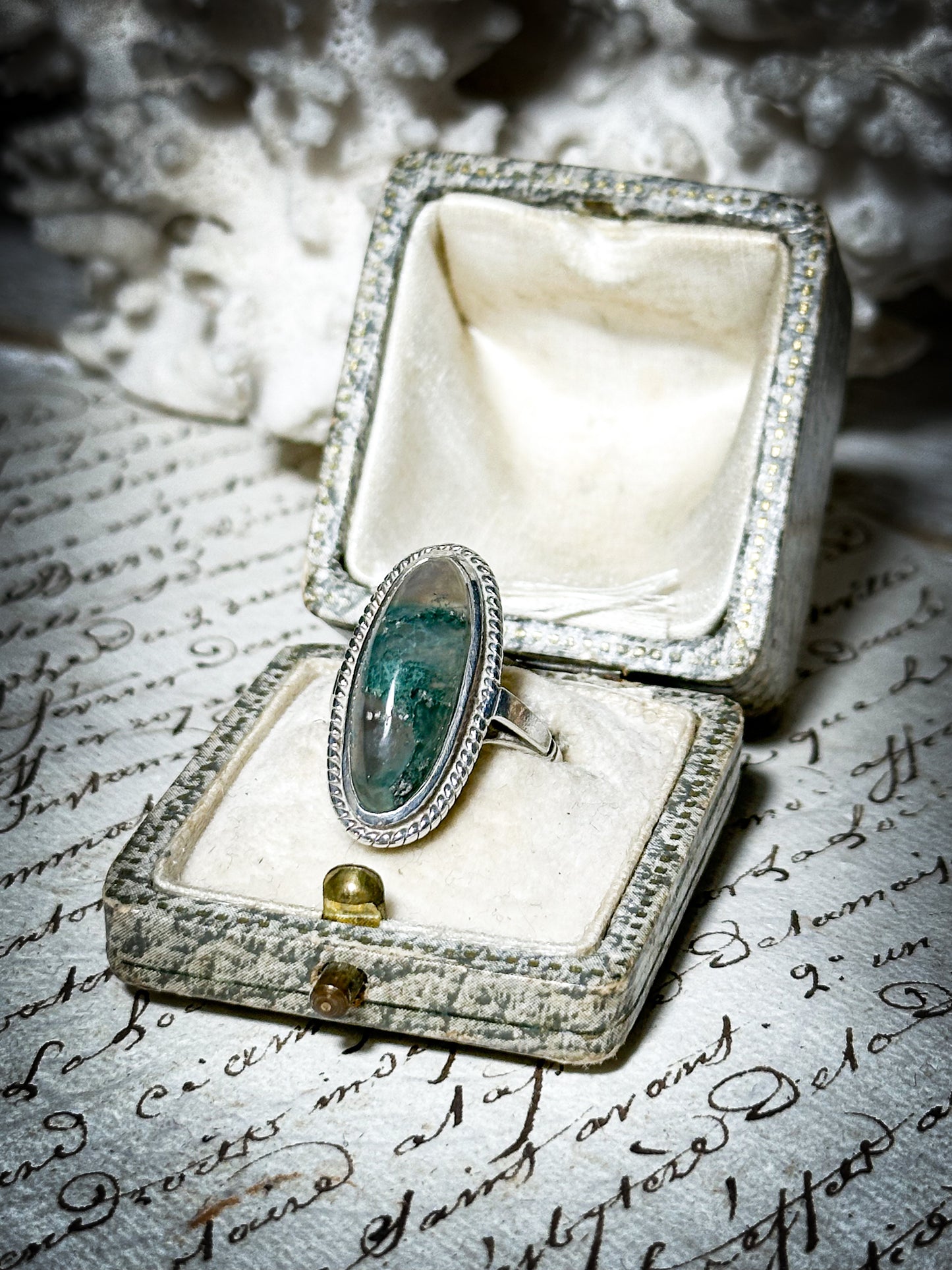 Vintage Hallmarked Silver Oval Moss Agate Ring