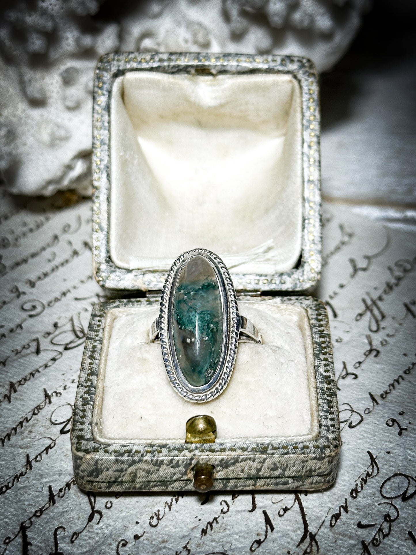 Vintage Hallmarked Silver Oval Moss Agate Ring