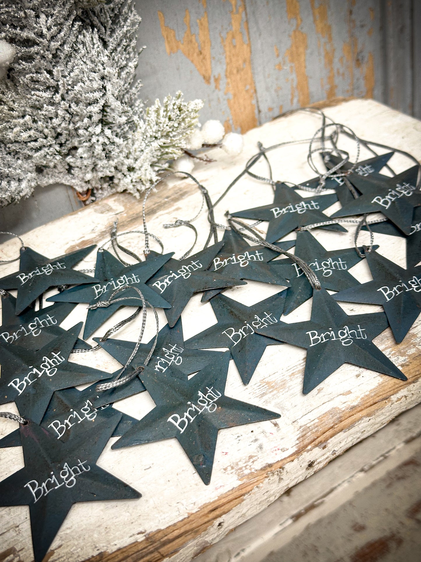 A medium Teal Tin Barn Star Christmas Decoration “Bright”