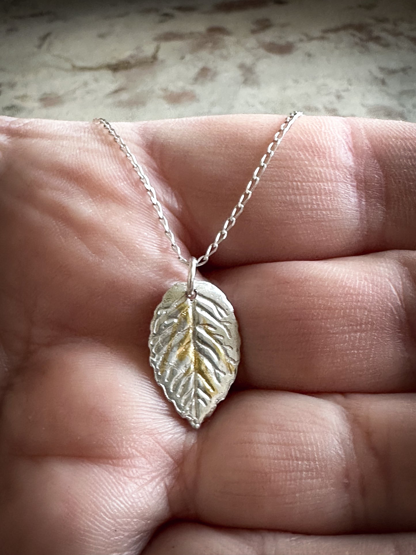 Sunlit Leaf Necklace – Fine Silver Leaf with Keum Boo Gold Detail
