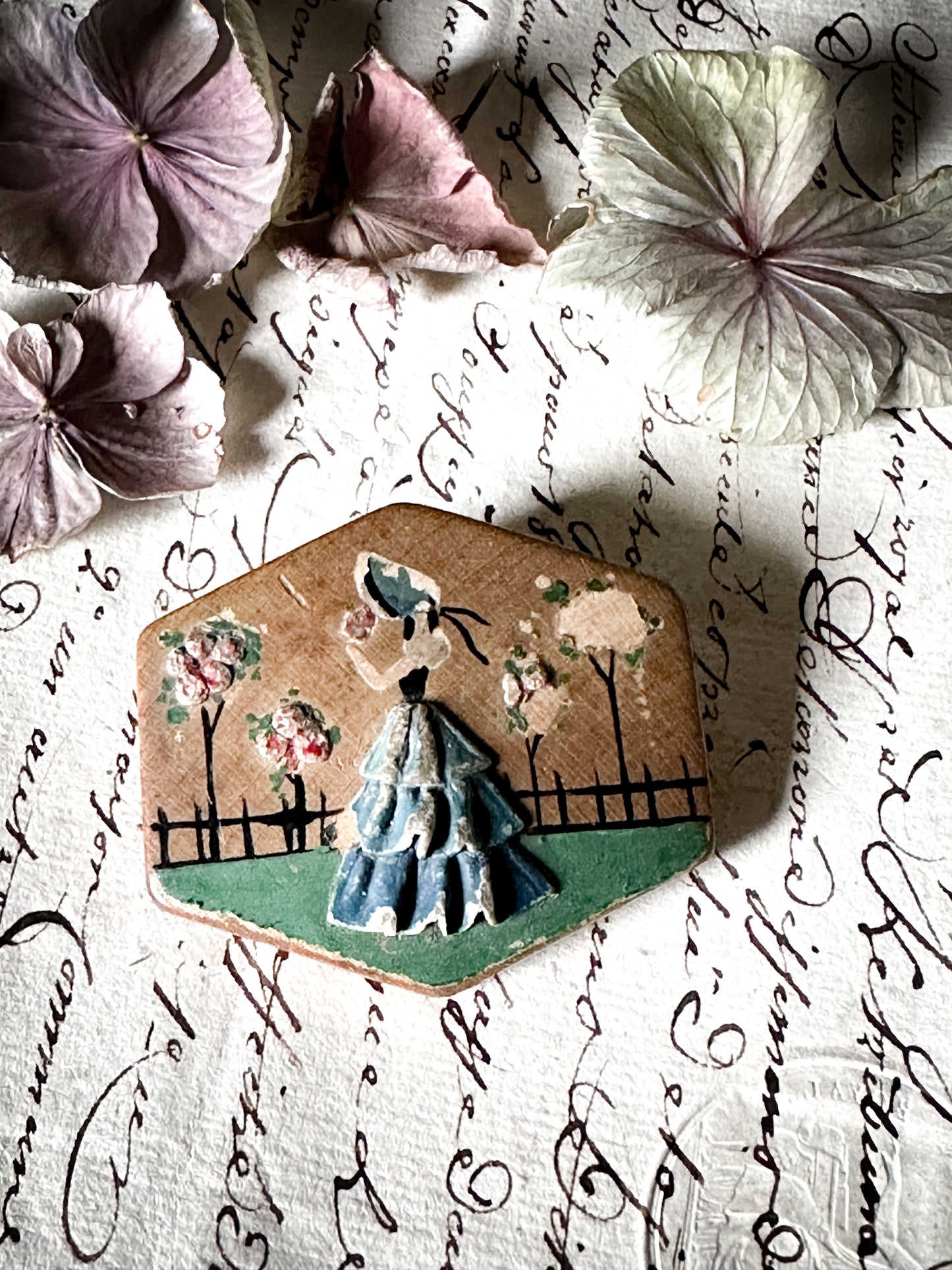 Pretty 1930’s carved wooden Crinoline lady hand painted brooch