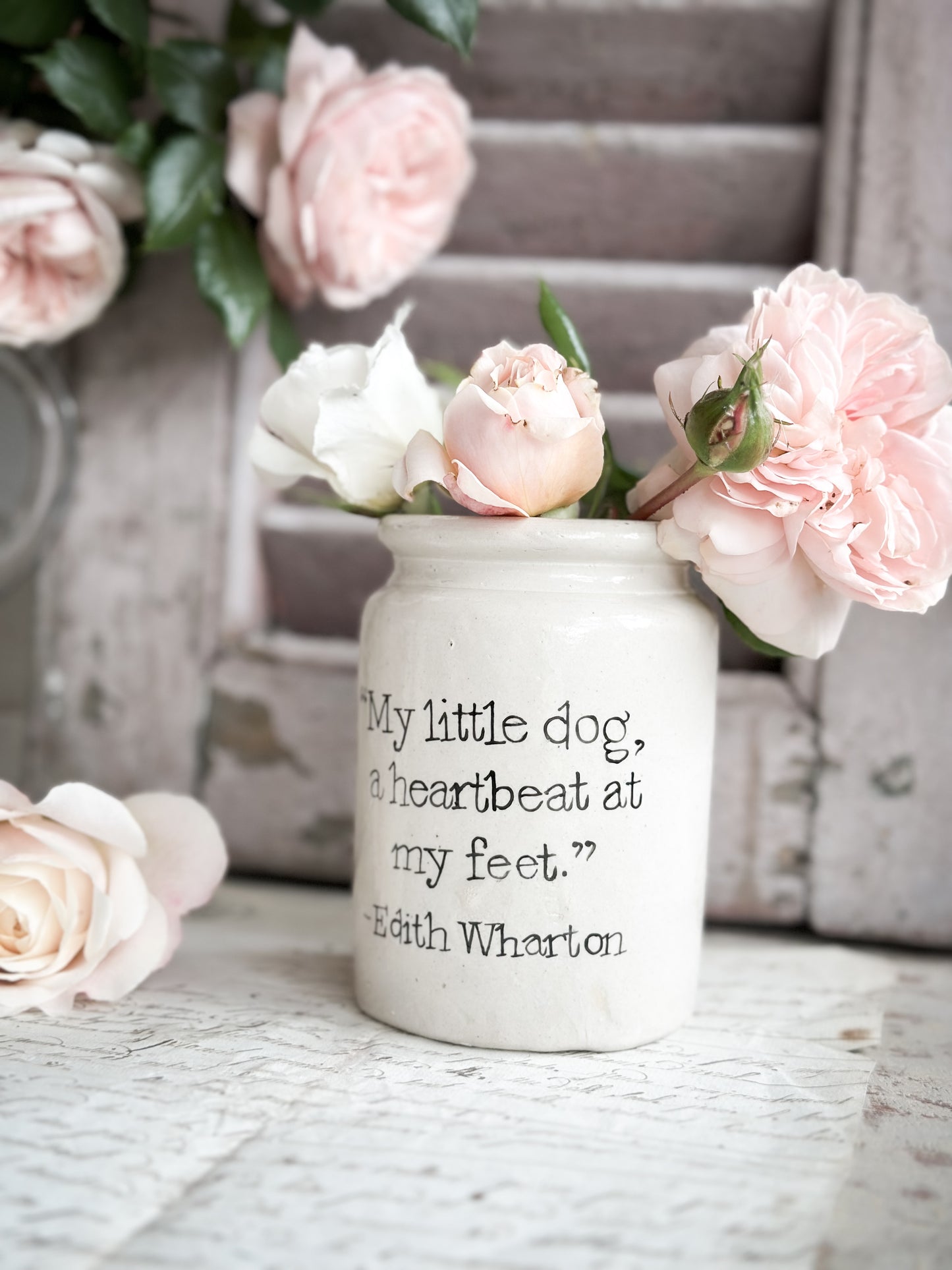 A Victorian unearthed  stoneware pottery Jar with a hand painted quote