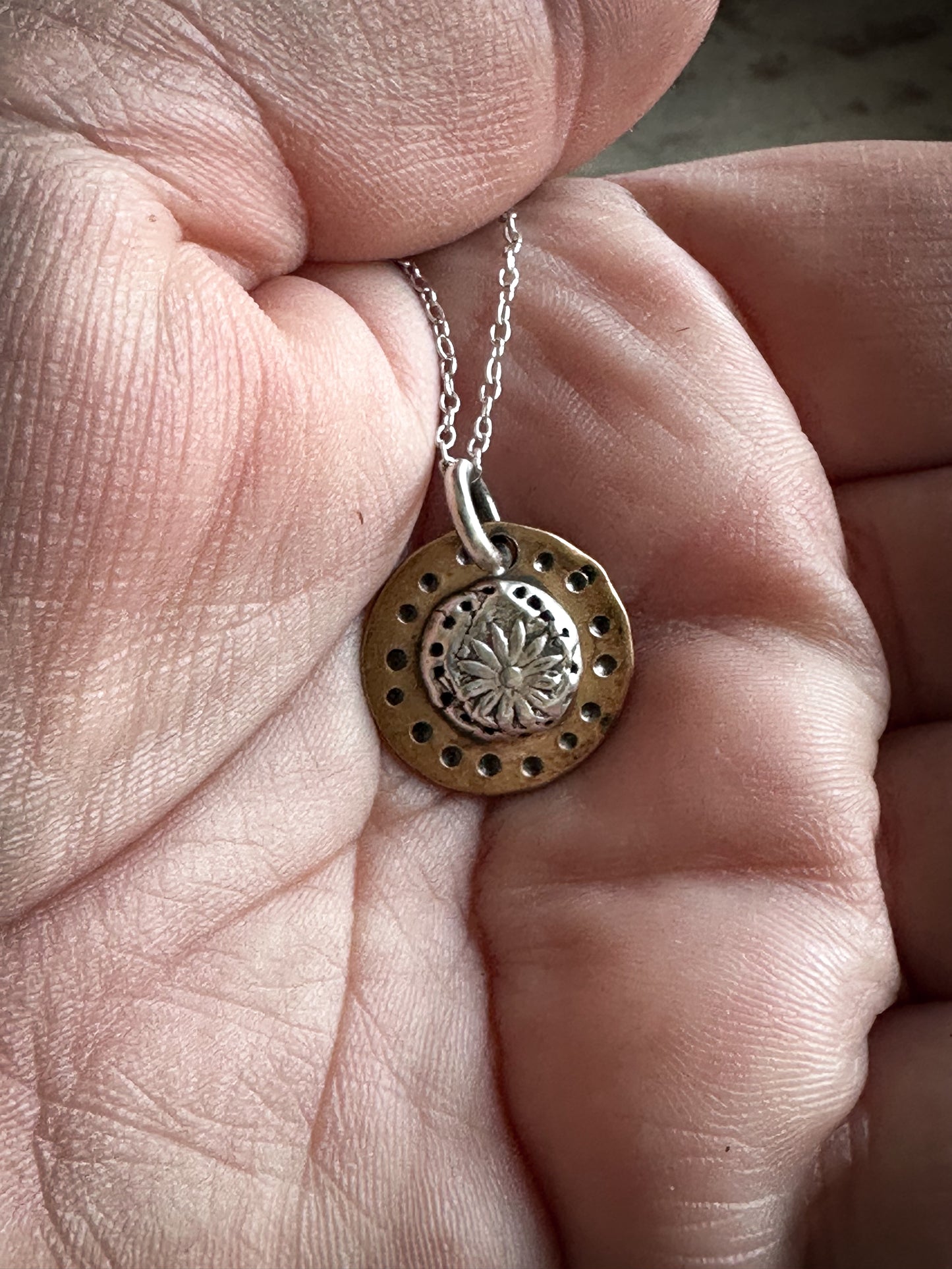 Moon Garden Medallion – Fine Silver Botanical Sprig on Hand-Stamped Copper