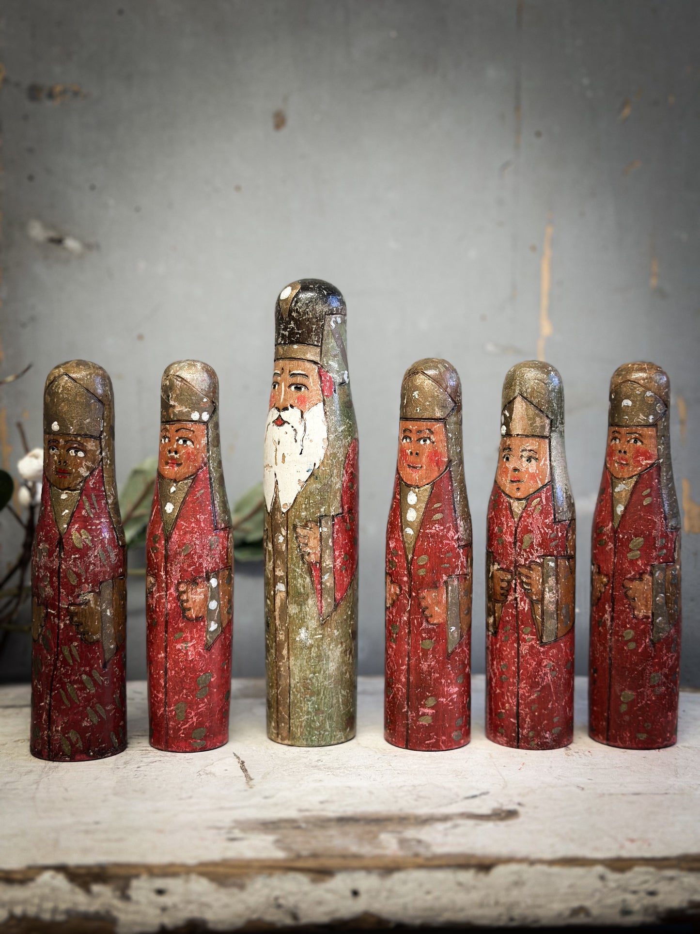 Exquisite Antique Hand-Carved Santa Figures – Set of Six (c. 1920–1930, Ex-Bletchley Museum Collection)