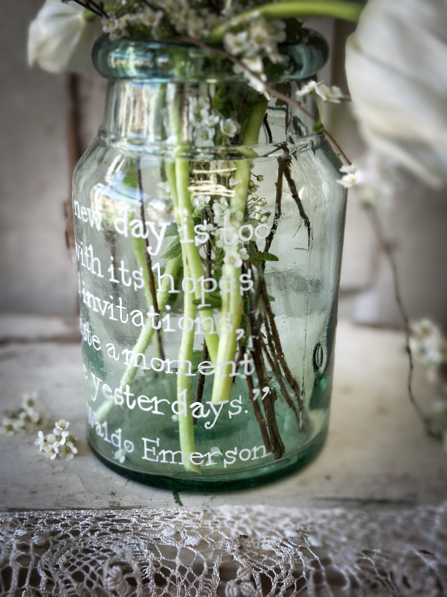 A beautiful large Victorian preserve jar painted with a quote “This new day”