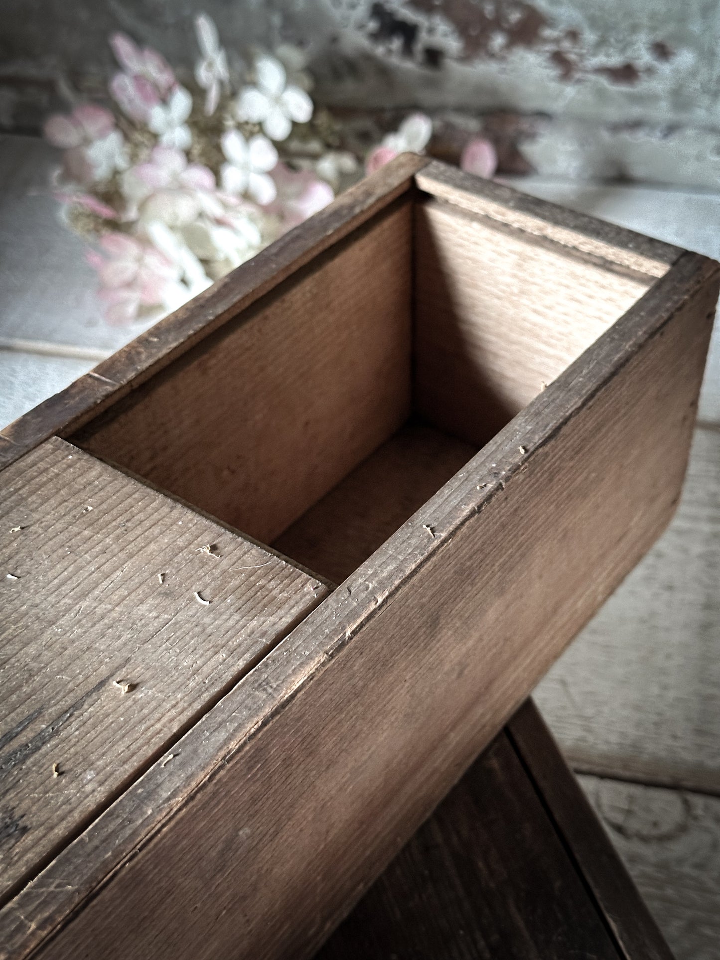 A wonderful French wooden engineer’s drawer with hand written label and sliding lid