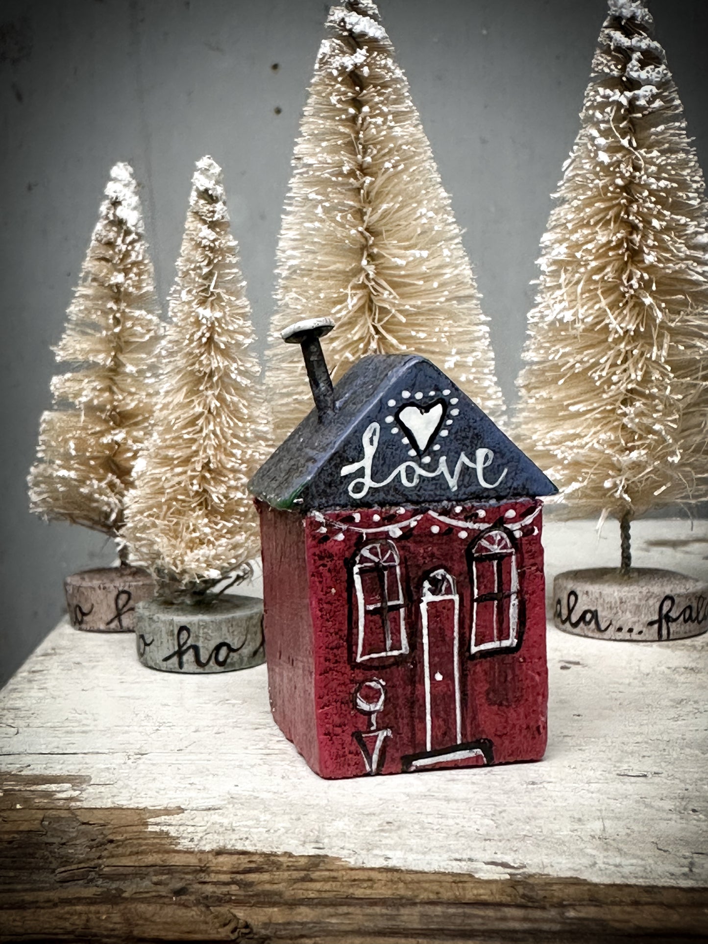 A mini Vintage German Erzgebirge Putz Wooden Village House “Love”