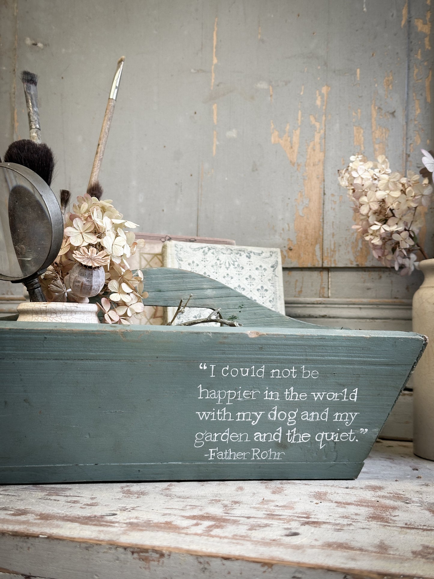 A Vintage Chippy Paint Wooden Trug With Garden Quote