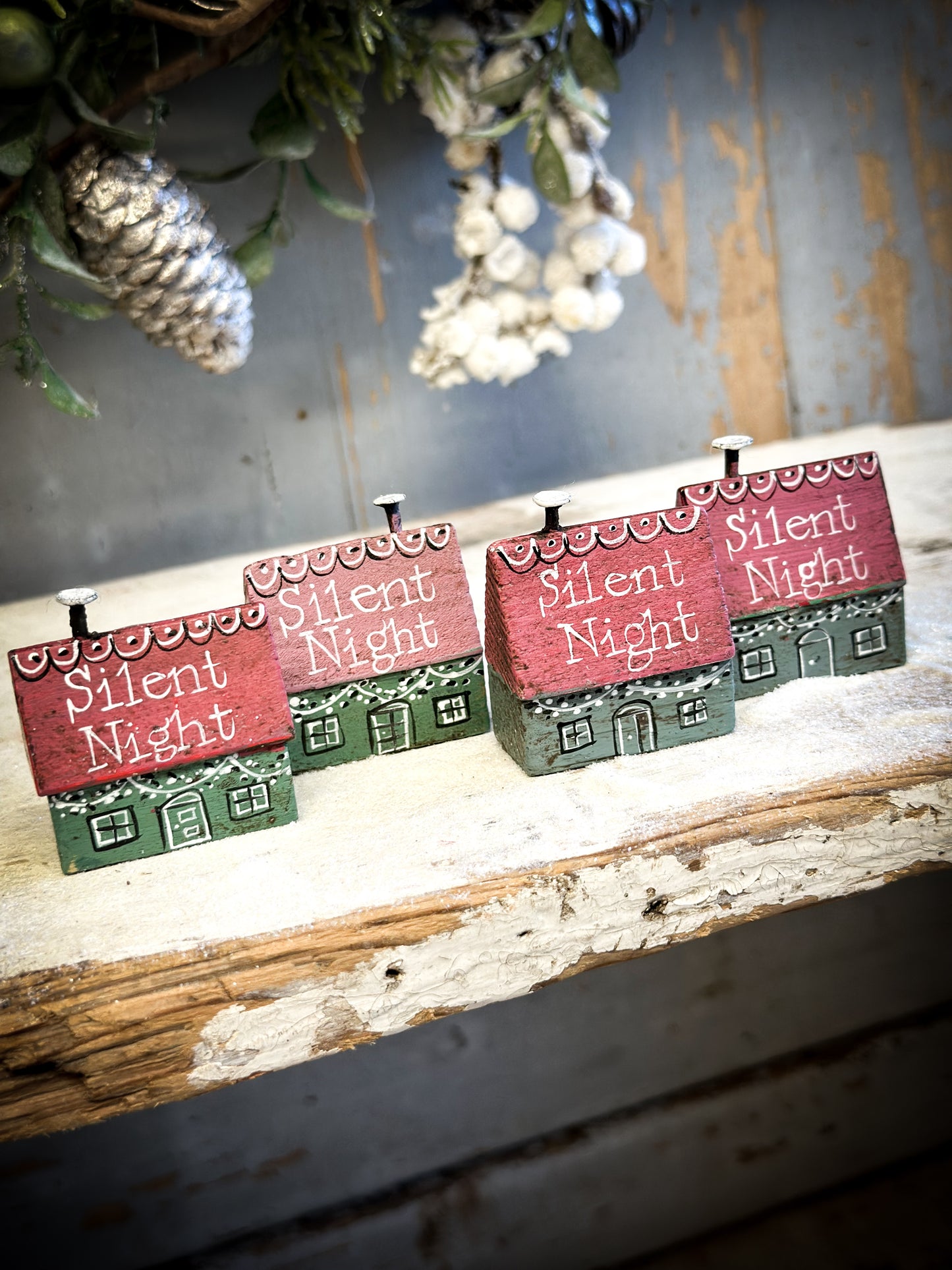 A Pretty Vintage German Erzgebirge Putz Wooden Village House “Silent Night”